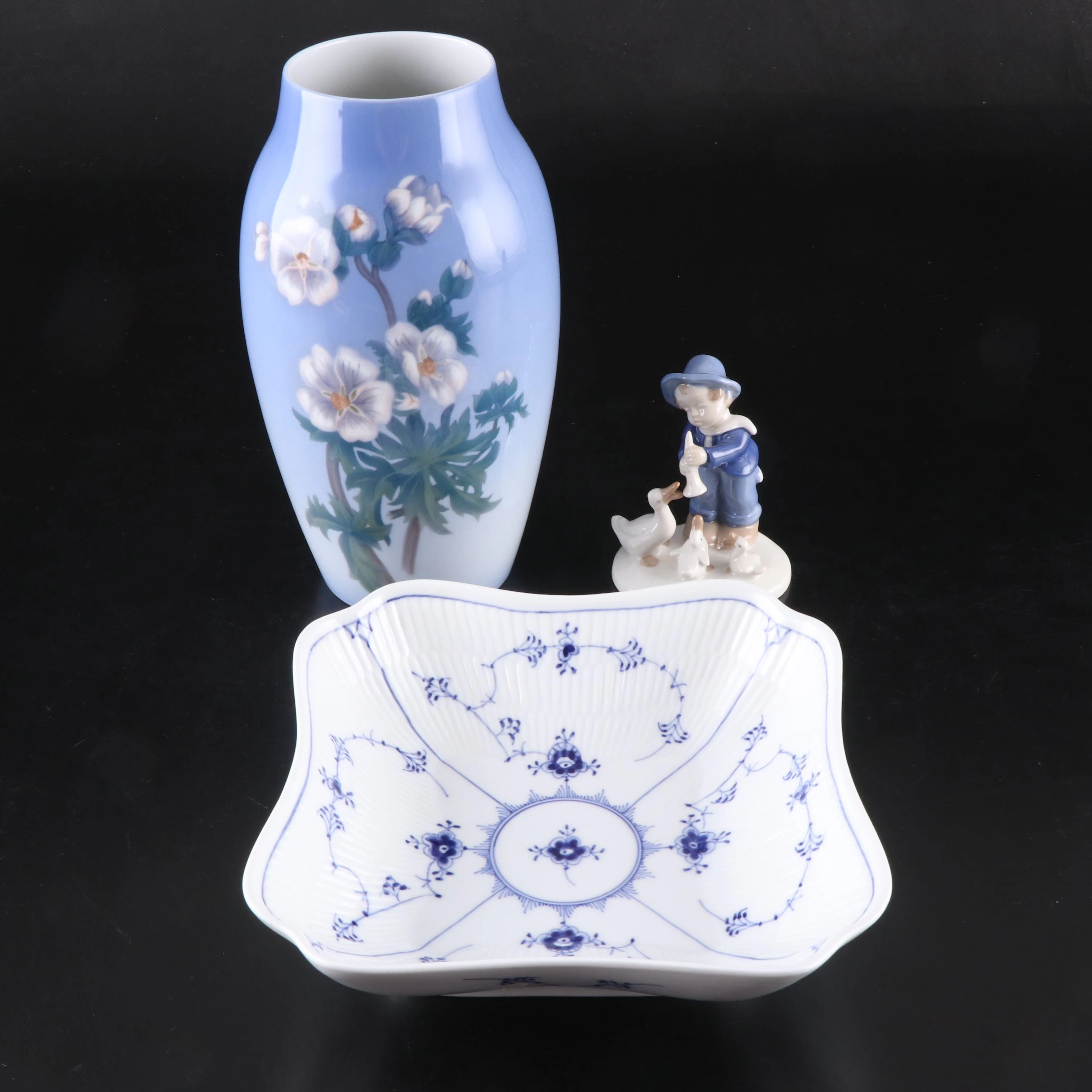 Bing & Grøndahl Apple Tree Blossom Porcelain Vase with Bowl and Figurine