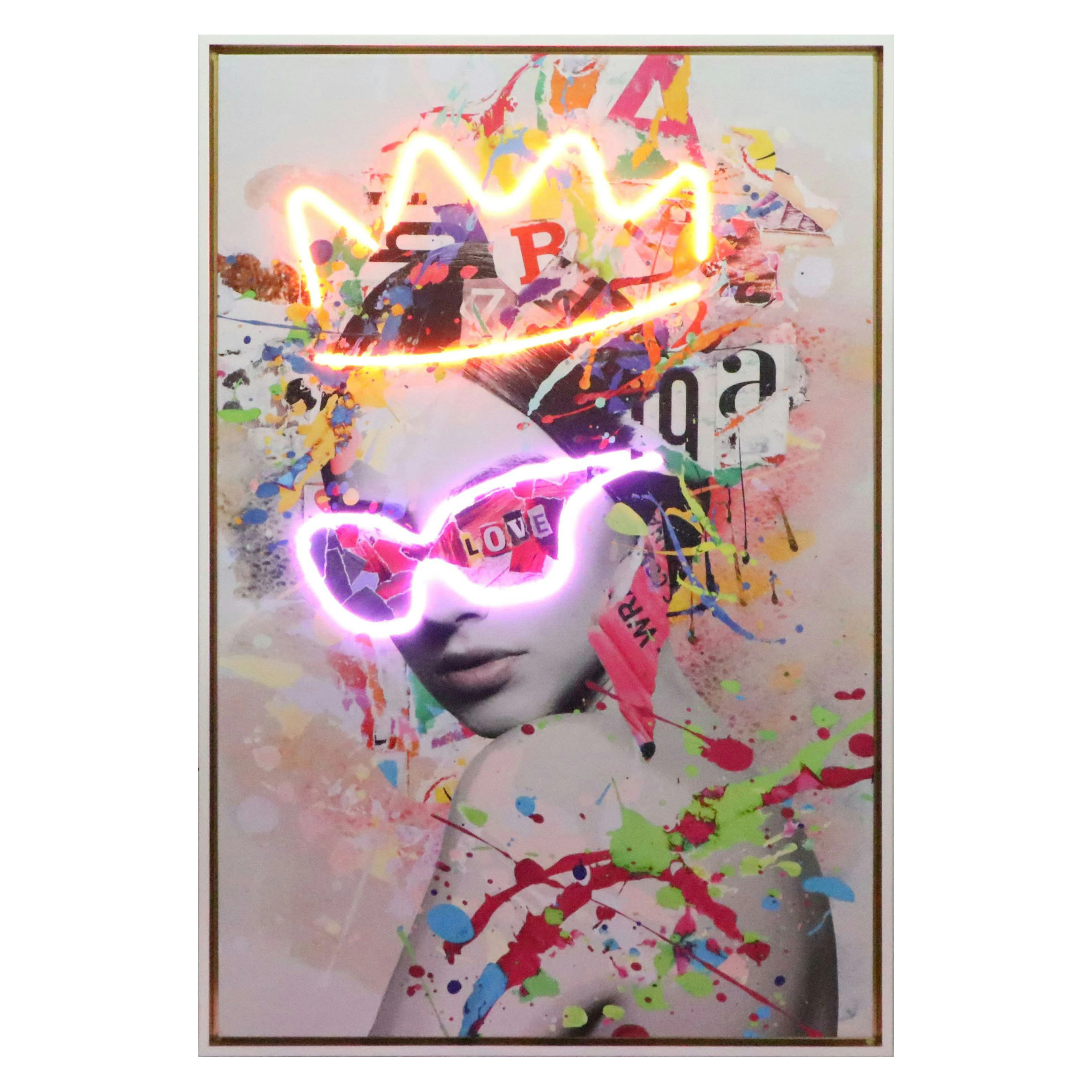 Pop Art Style Giclée with LED Lighting of Portrait of Woman in Sunglasses