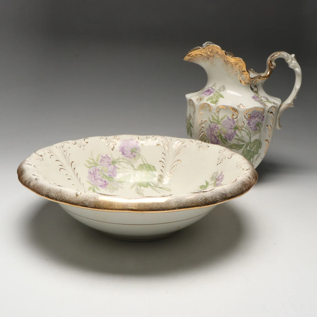 Victorian Knowles, Taylor and Knowles Floral Porcelain Pitcher and Basin