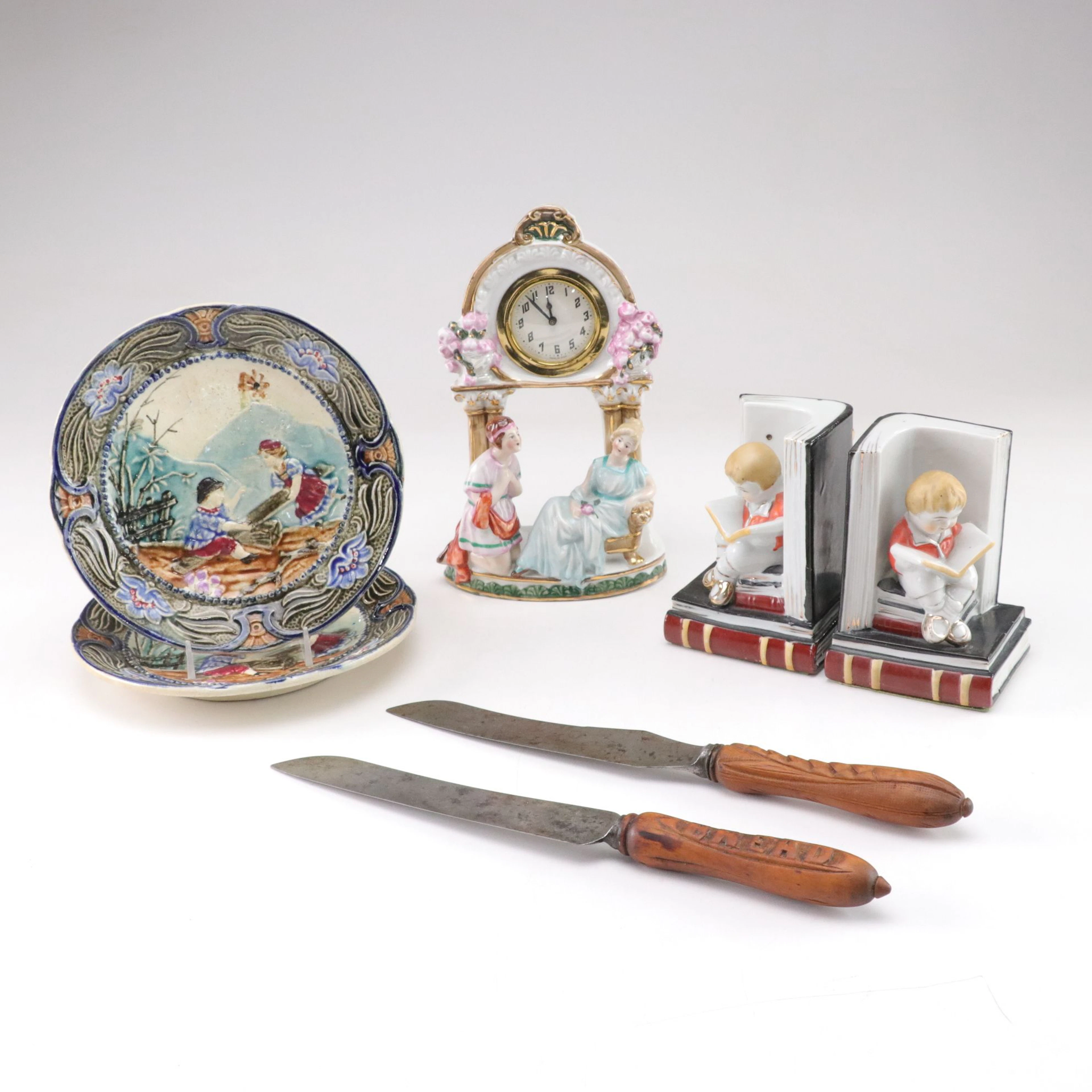 Victorian Bread Knives with Dutch Majolica Plates, Figural Mantle Clock & More
