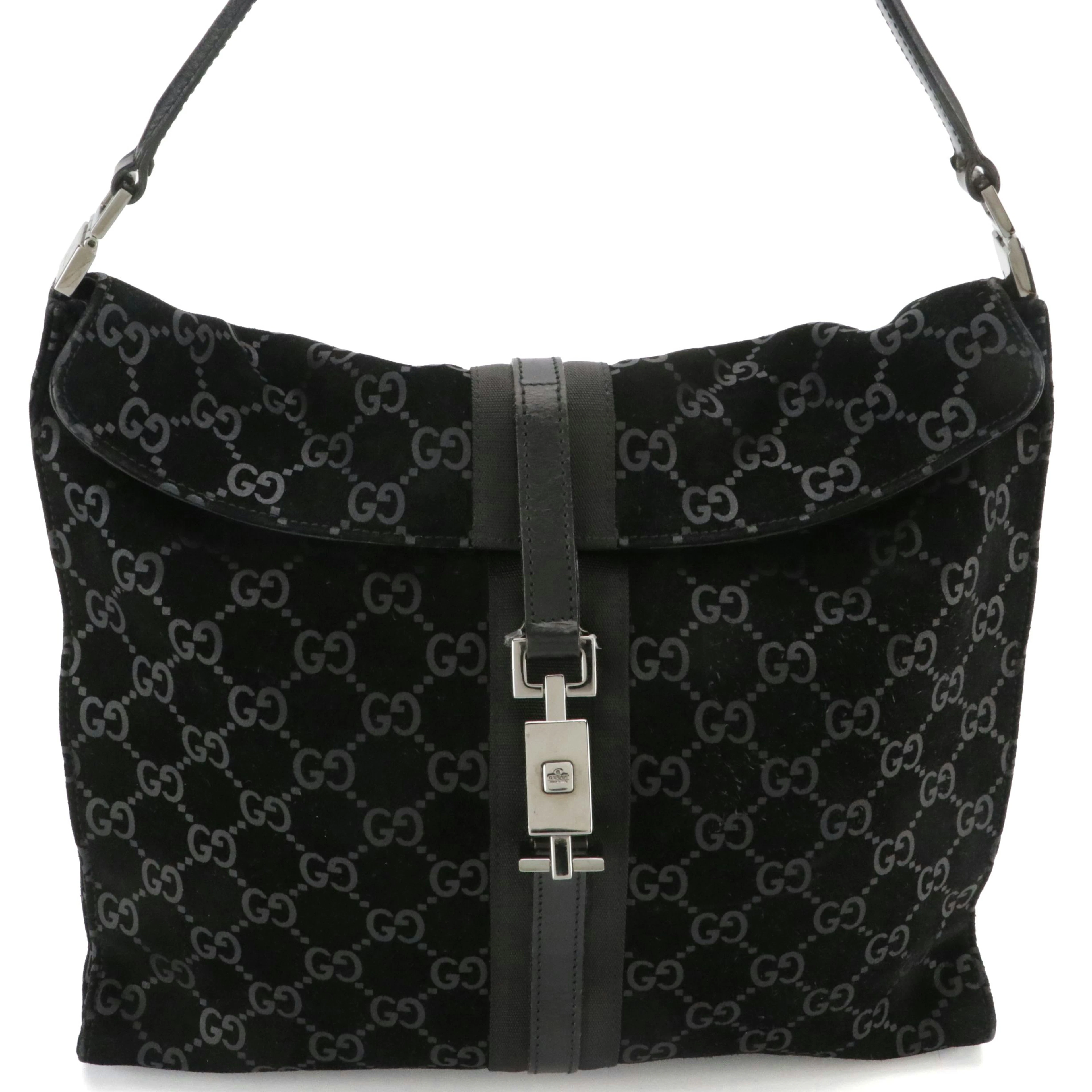 Gucci Jackie Foldover Piston Lock Shoulder Bag in Black GG Velvet and Leather