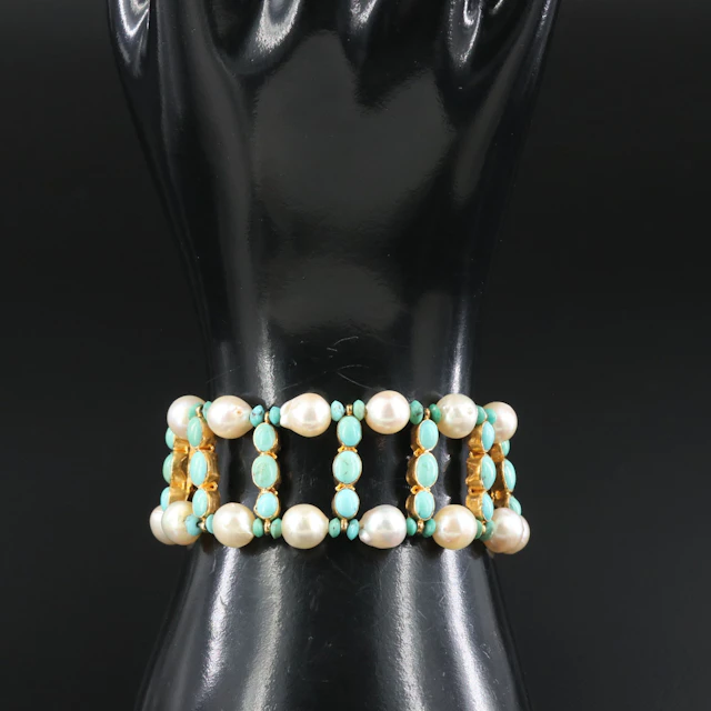 18K Pearl and Turquoise Ladder Bracelet