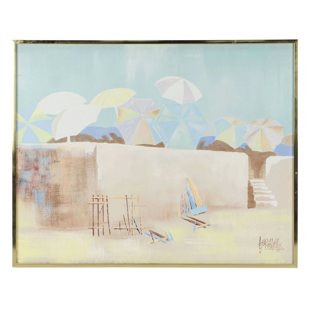 Vanguard Studios Oil Painting with Beach Umbrellas, Mid-20th Century