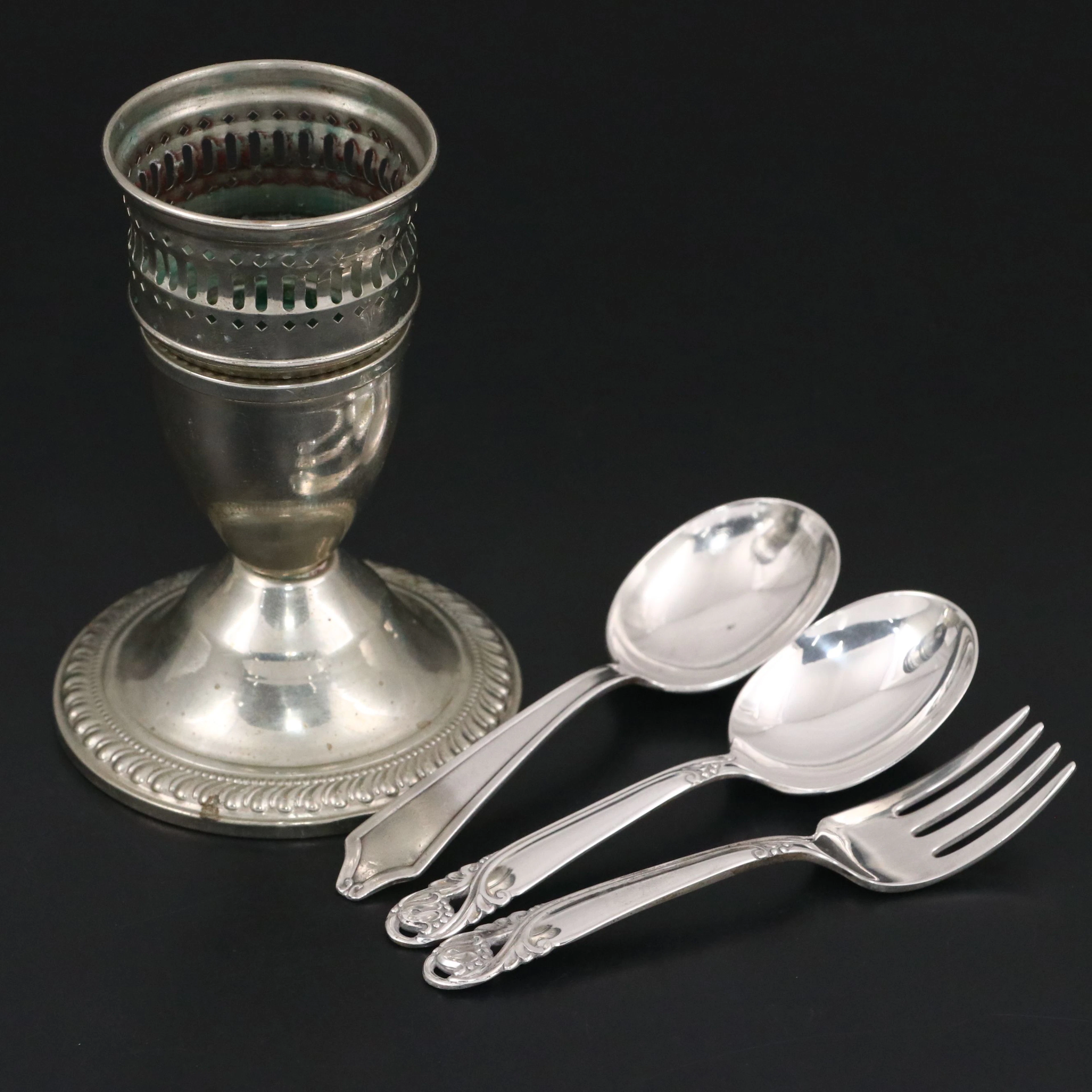 International Sterling Baby Feeding Flatware with Silver Plate Candlestick