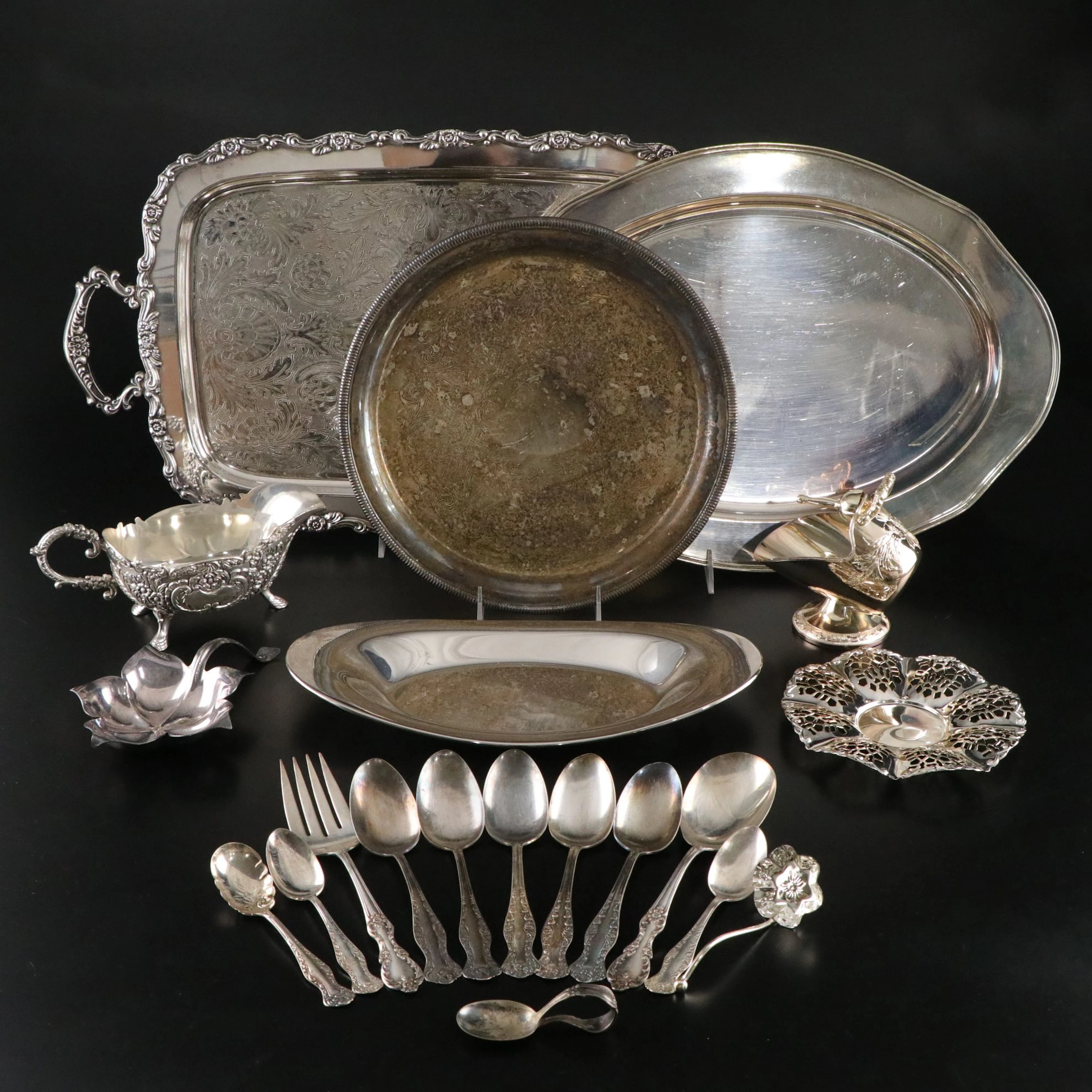 Oneida Silver Plate Butler's Tray with Wm. Rogers Round Tray, Utensils and More