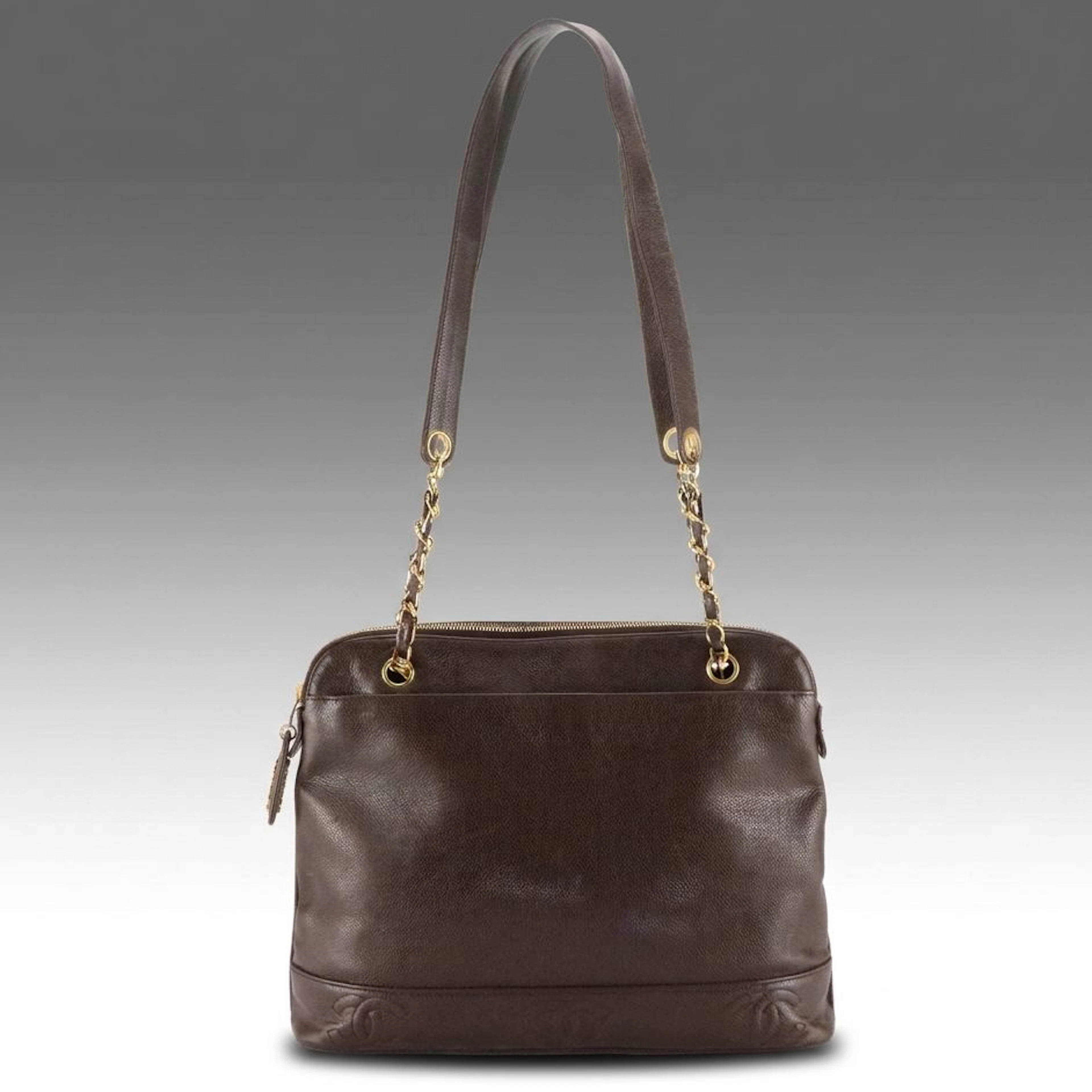 Chanel Triple CC-Stitched Shoulder Bag in Brown Caviar Leather