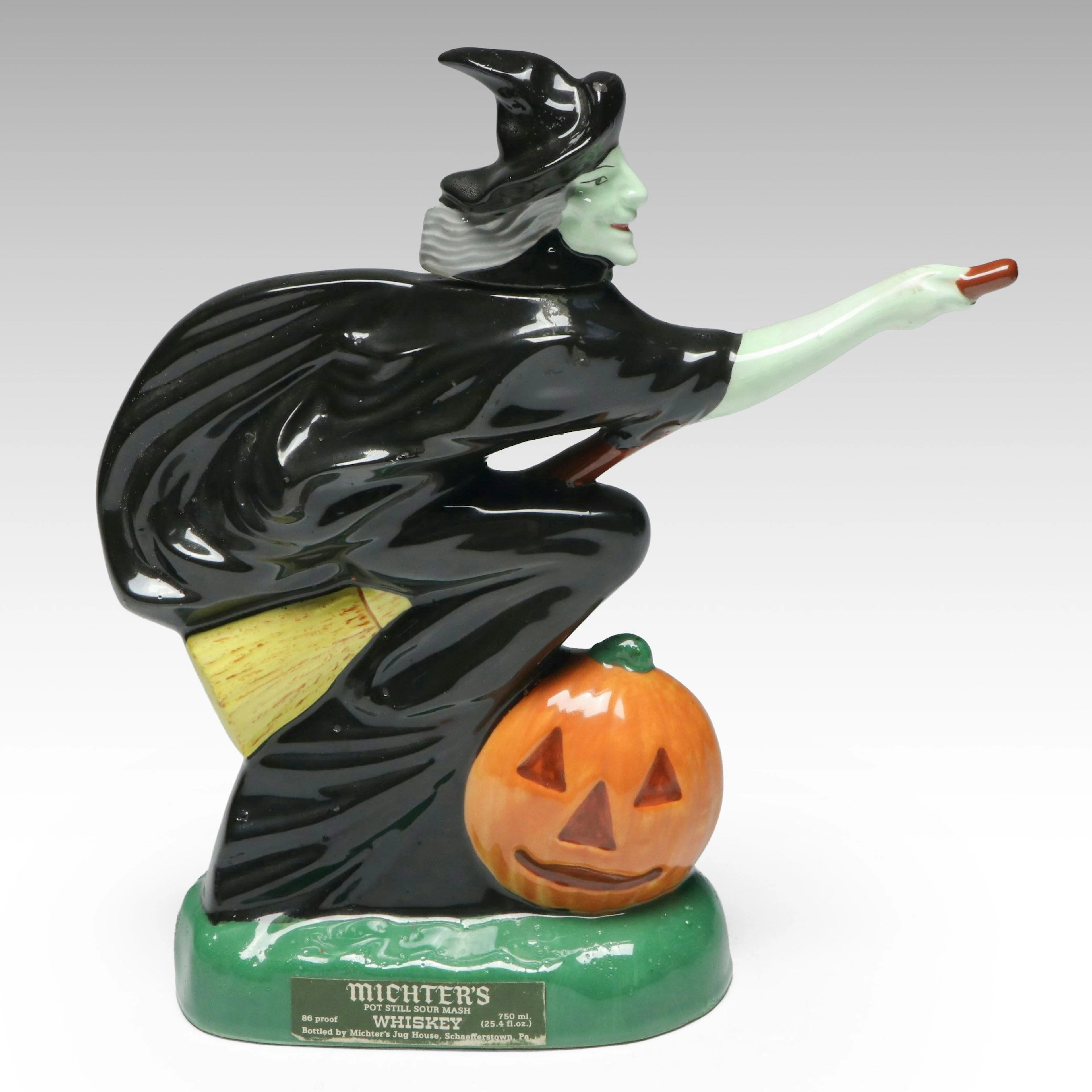 Mitcher's Whiskey Flying Witch on Broom Halloween Decanter, 1970s