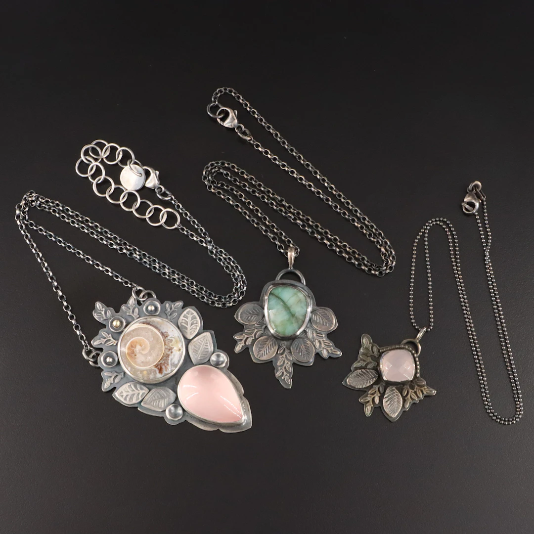 EON Designs Sterling Gemstone Necklaces Ft. Agatized Ammonite & Rose Quartz