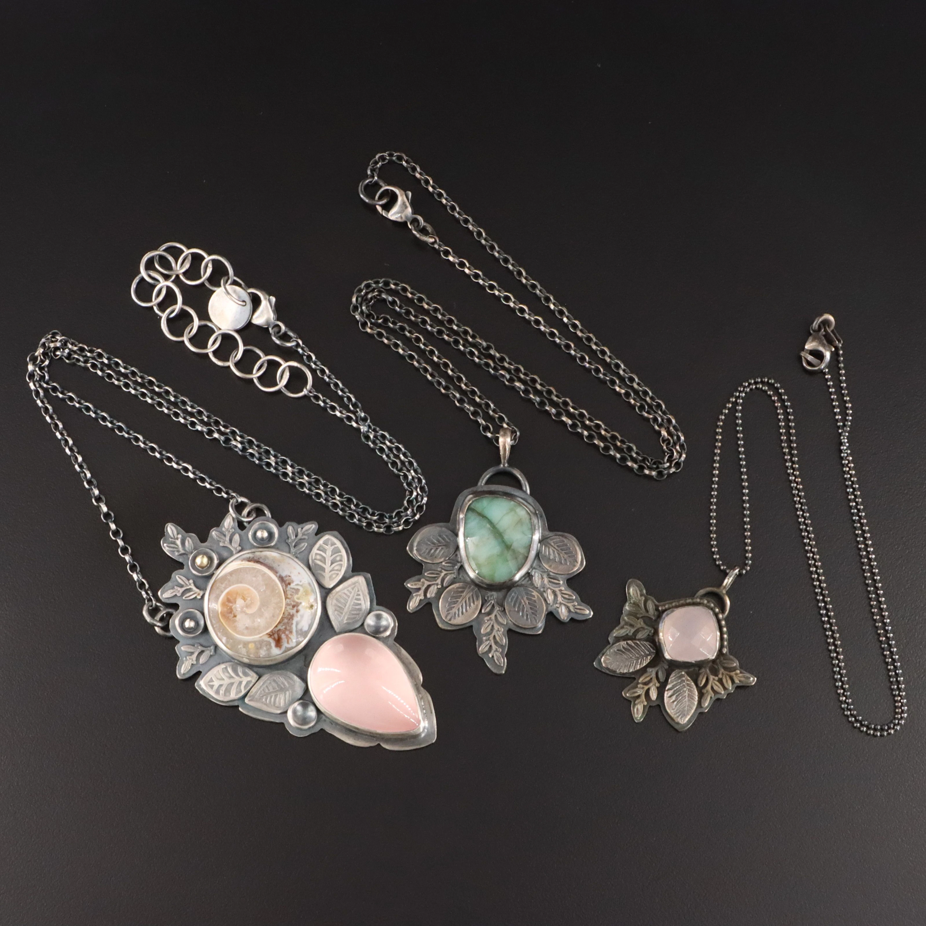 EON Designs Sterling Gemstone Necklaces Ft. Agatized Ammonite & Rose Quartz