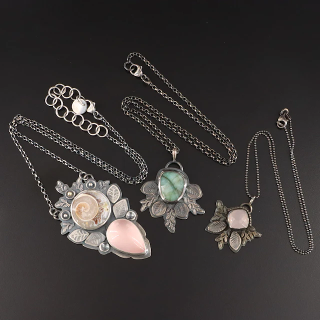 EON Designs Sterling Gemstone Necklaces Ft. Agatized Ammonite & Rose Quartz