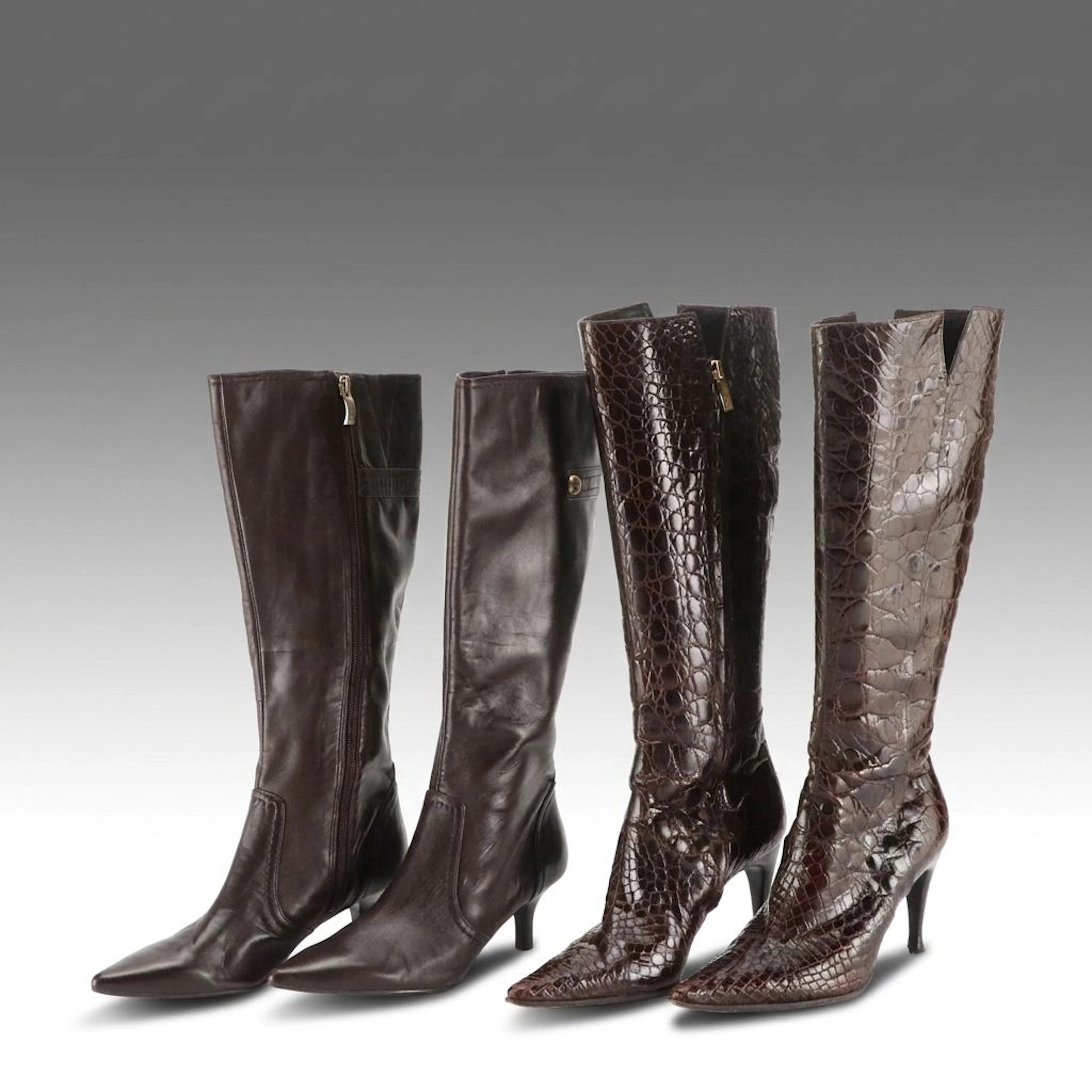 Anne Klein and Sergio Rossi Mid-Calf Boots in Embossed and Smooth Brown Leather