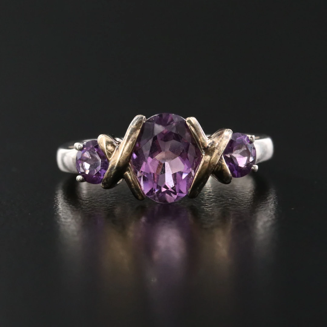 Sterling Amethyst Three Stone Ring with 14K Accents