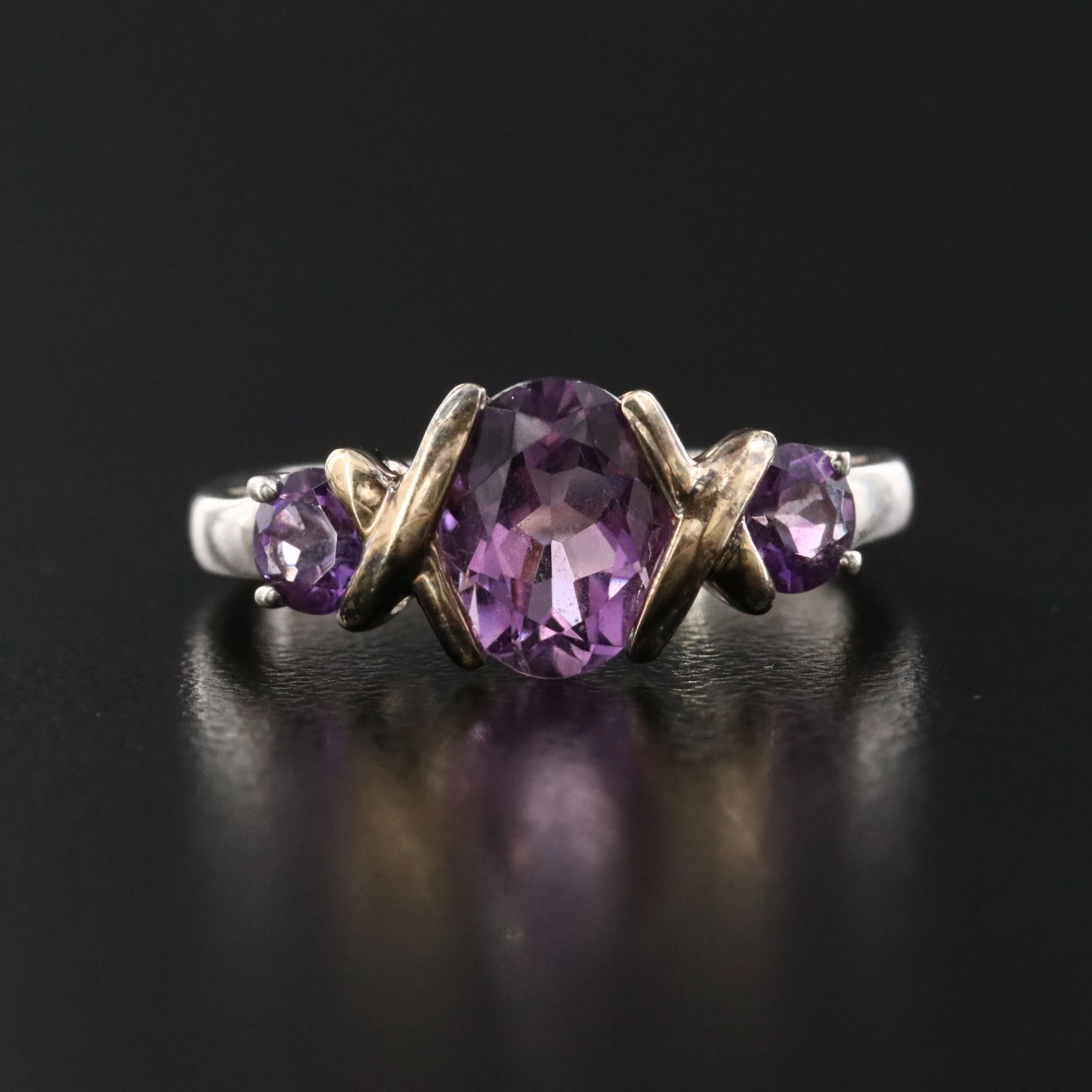 Sterling Amethyst Three Stone Ring with 14K Accents
