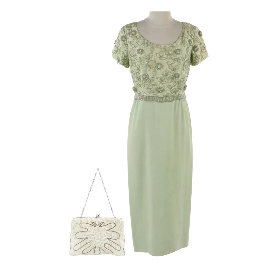 1960s Beaded Bodice Evening Dress in Celadon Green Silk with Seed Bead Purse