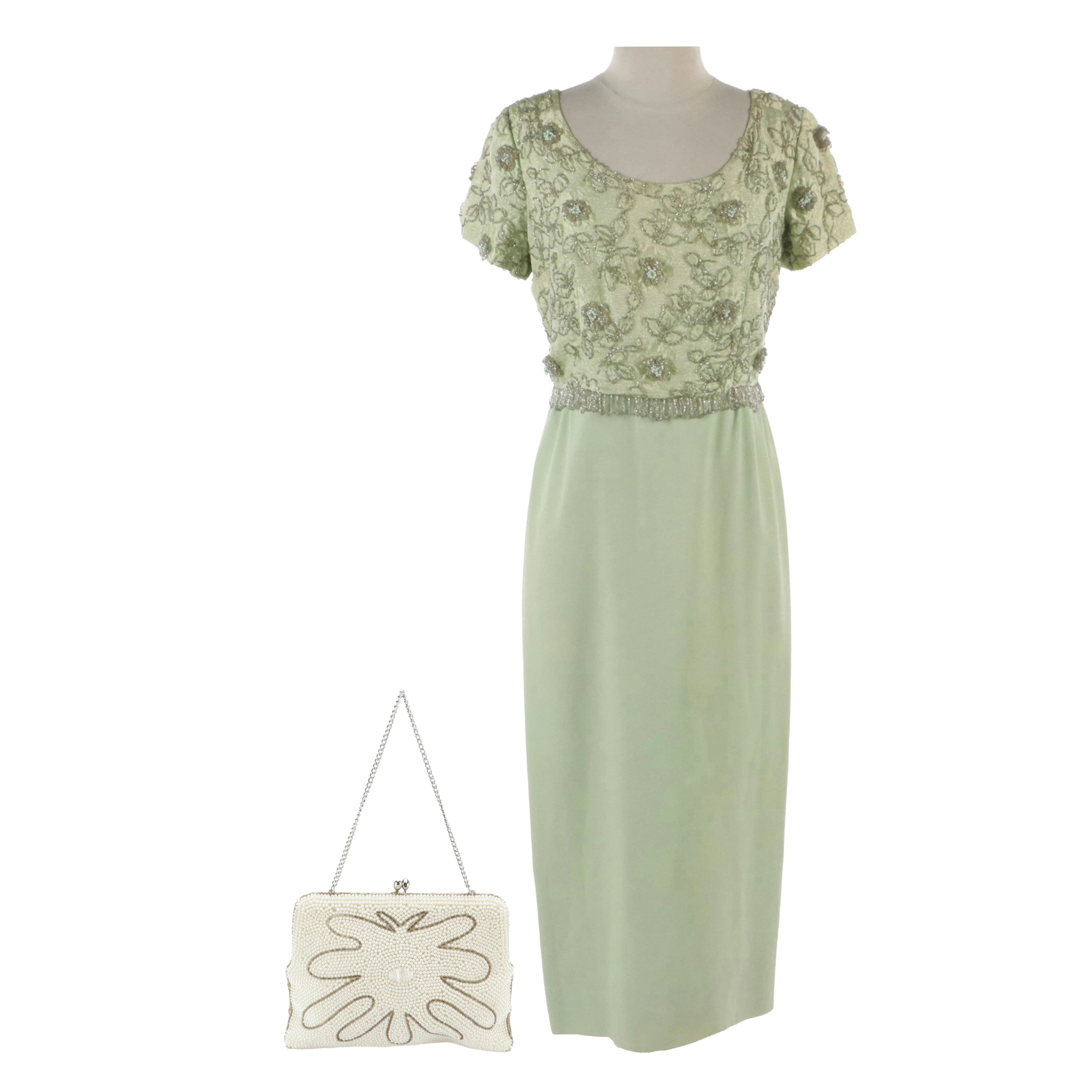1960s Beaded Bodice Evening Dress in Celadon Green Silk with Seed Bead Purse