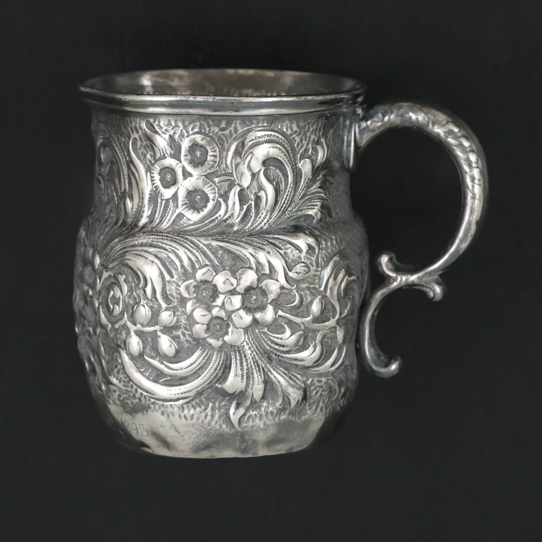 American Floral Repoussé Sterling Silver Mug, Vintage