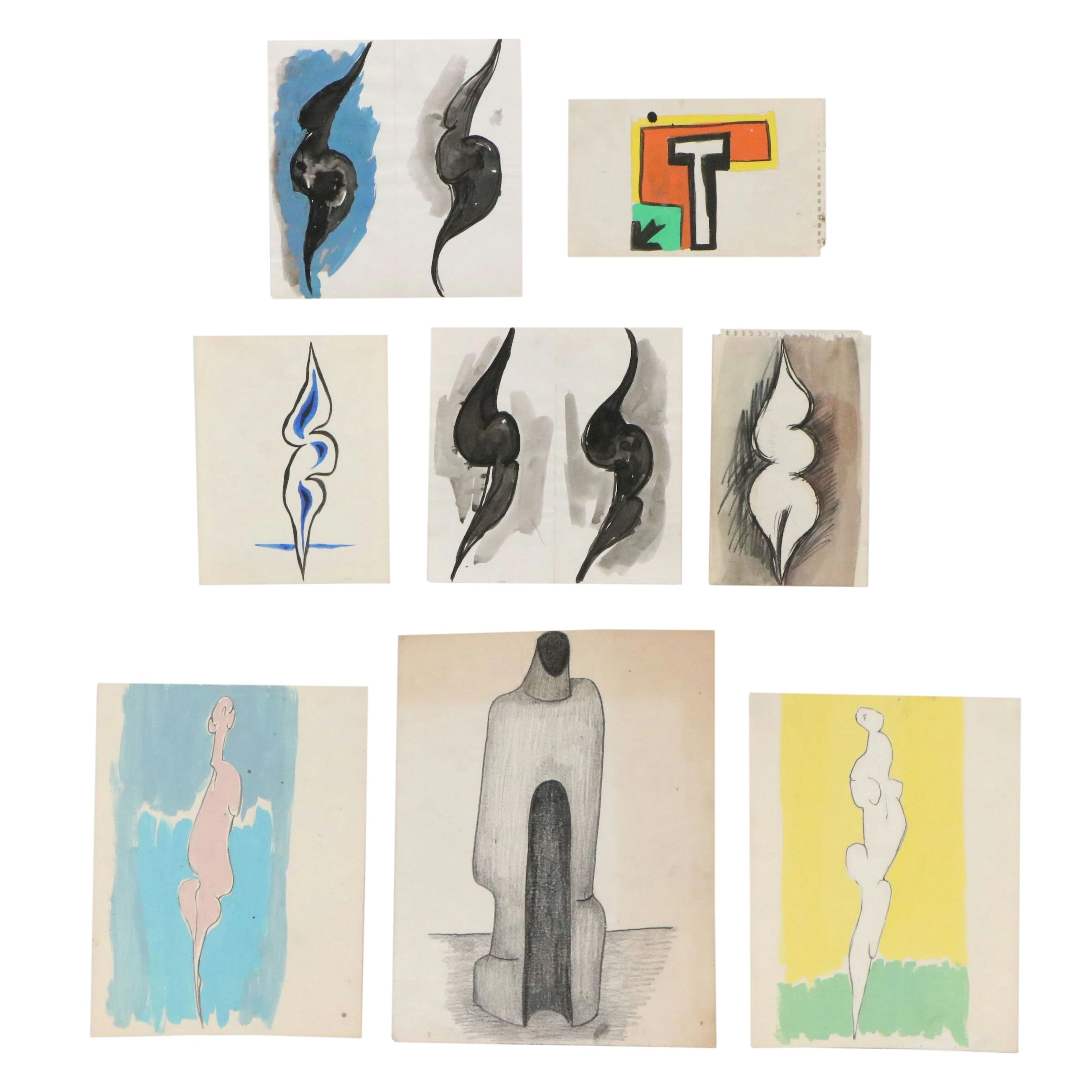 Achi Sullo Mixed Media Works of Abstract Biomorphic Forms, Circa Late 20th C.