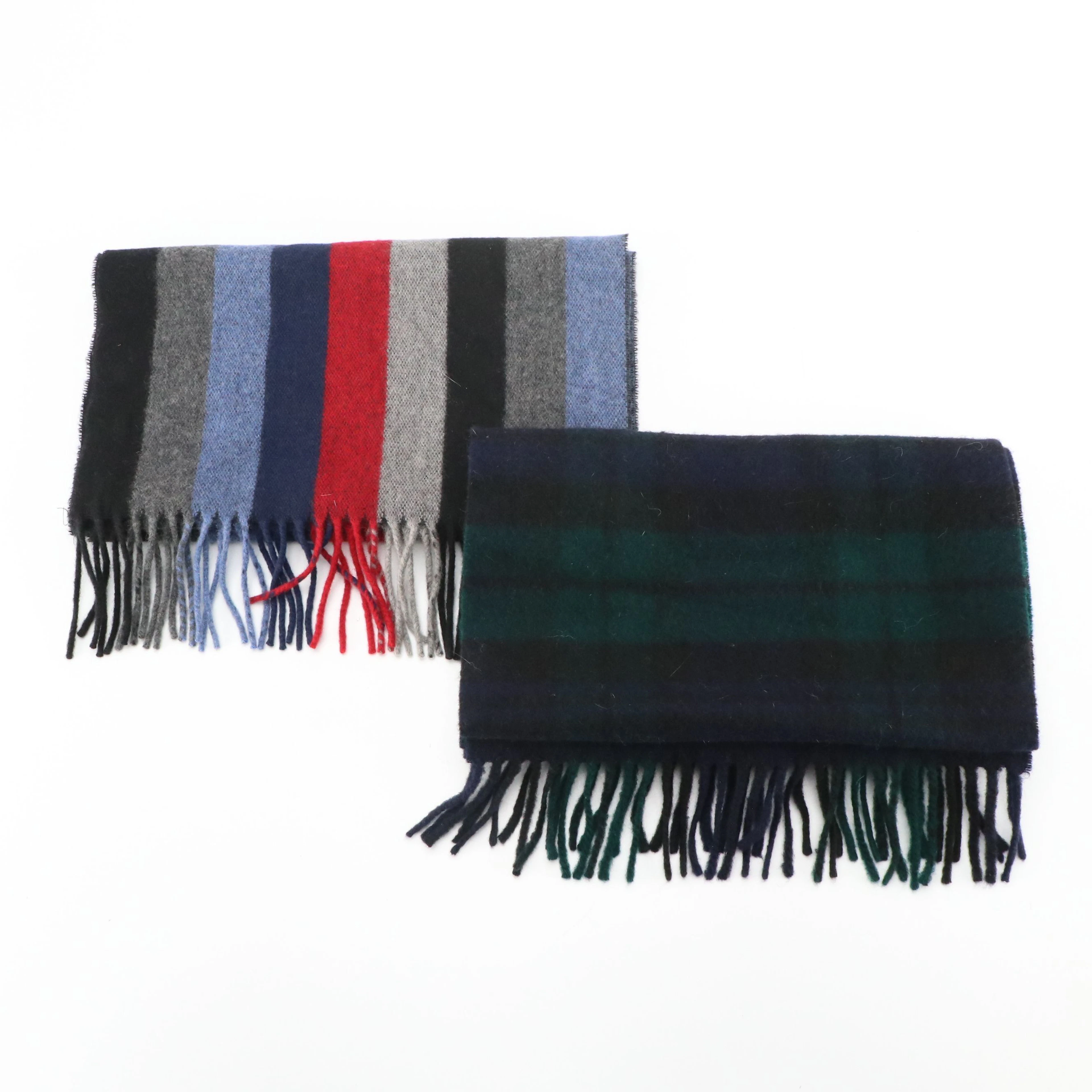 Harrods Tartan Plaid Cashmere and Alan Flusser Striped Cashmere Fringe Scarves