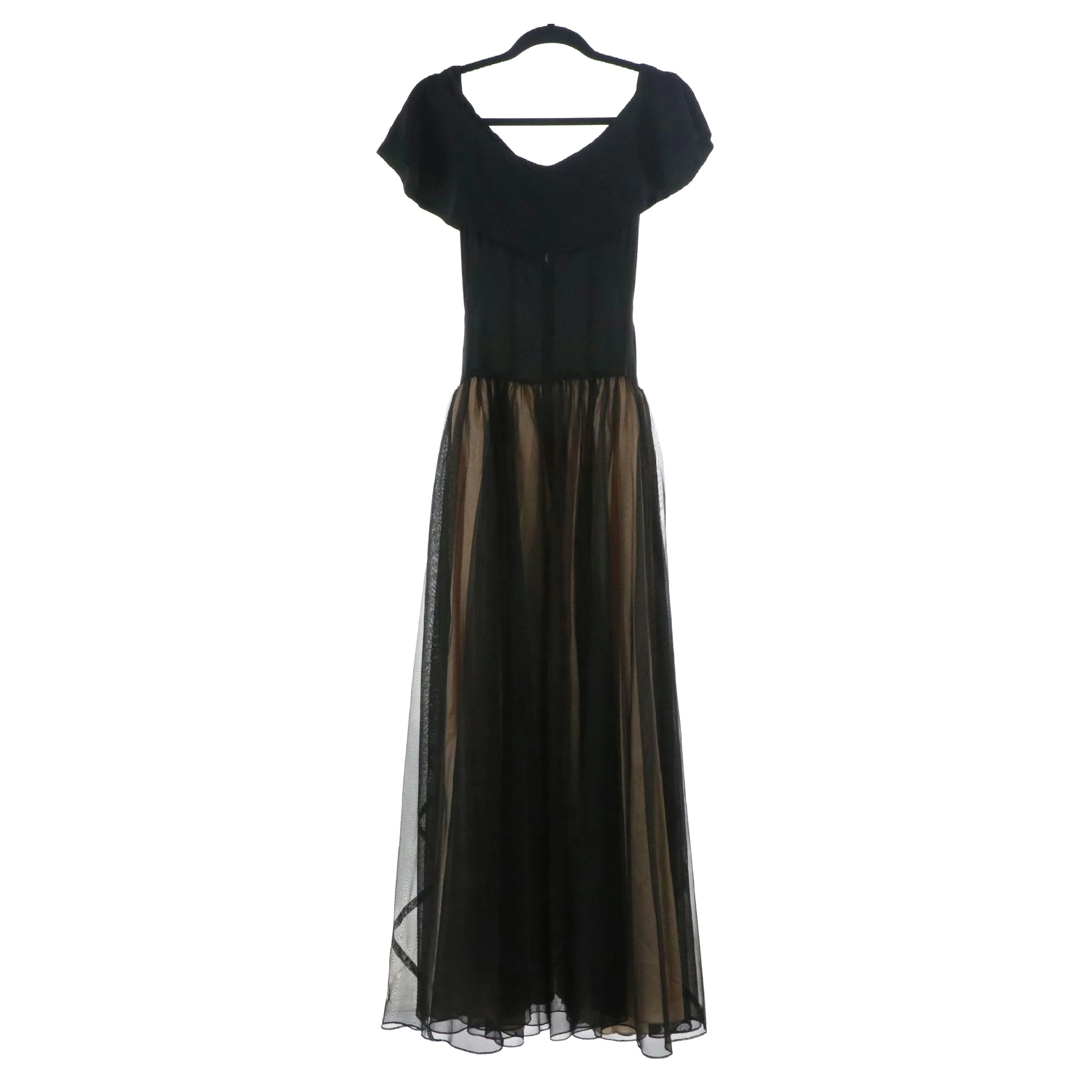 Vintage Black Silk Blend Off-The-Shoulder Pleated Skirt Hip Pad Evening Dress