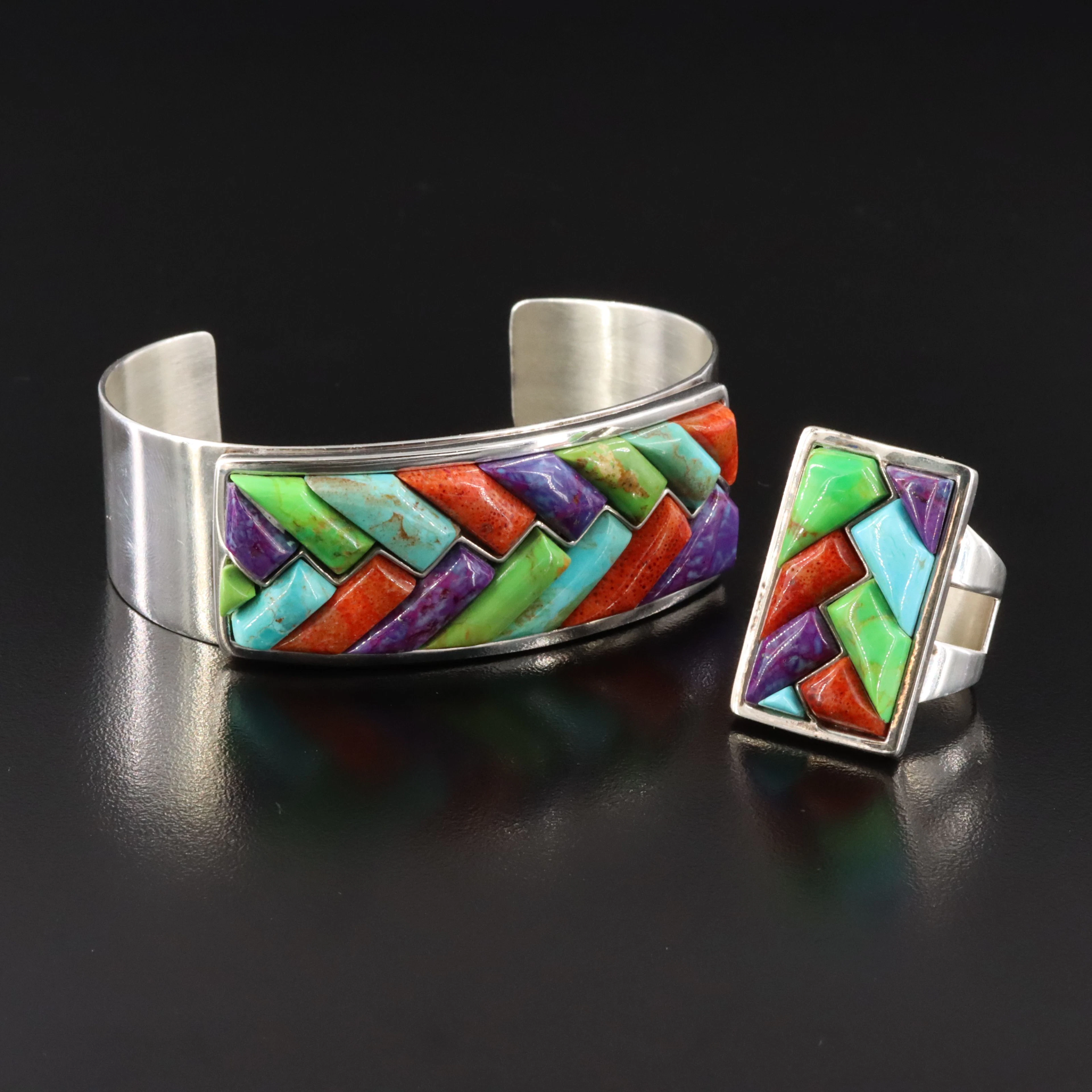 Desert Rose Trading Sterling Coral & Composite Stone Cobblestone Cuff & Ring
