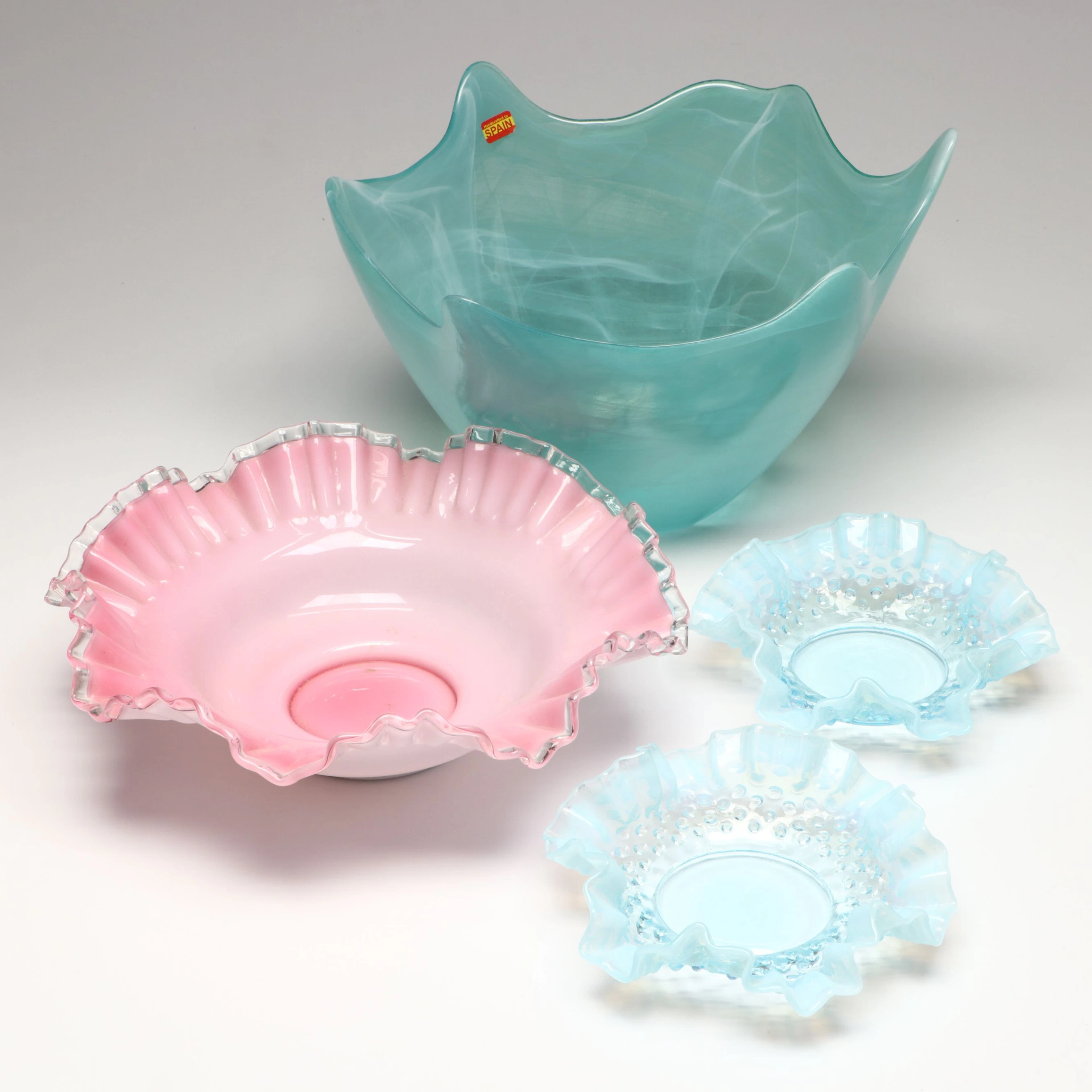 Spanish Art Glass, Fenton Pink Crystal and Hobnail Opalescent Wave Bowls