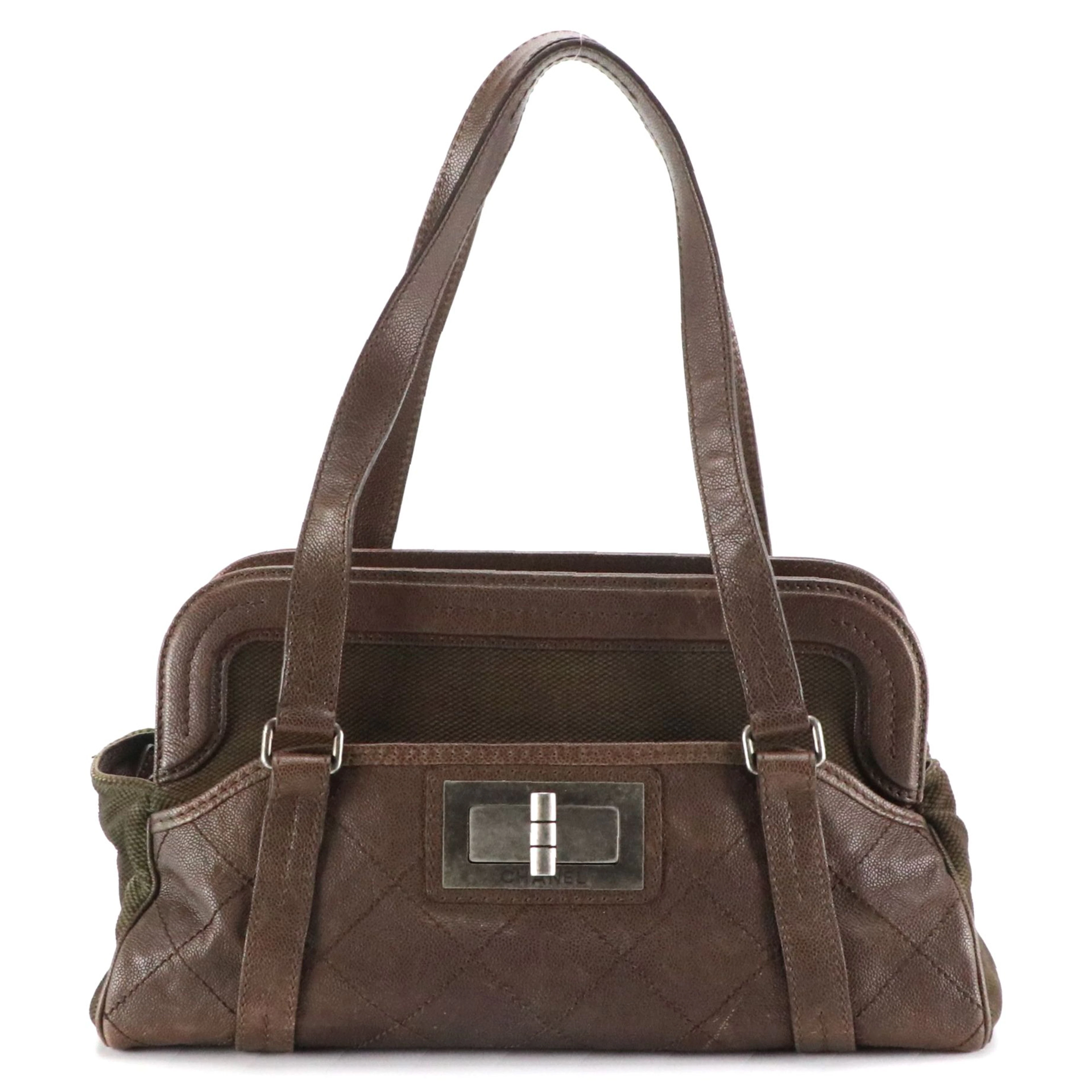 Chanel Mademoiselle Lock Reissue Bowler Bag in Brown Caviar Leather & Canvas