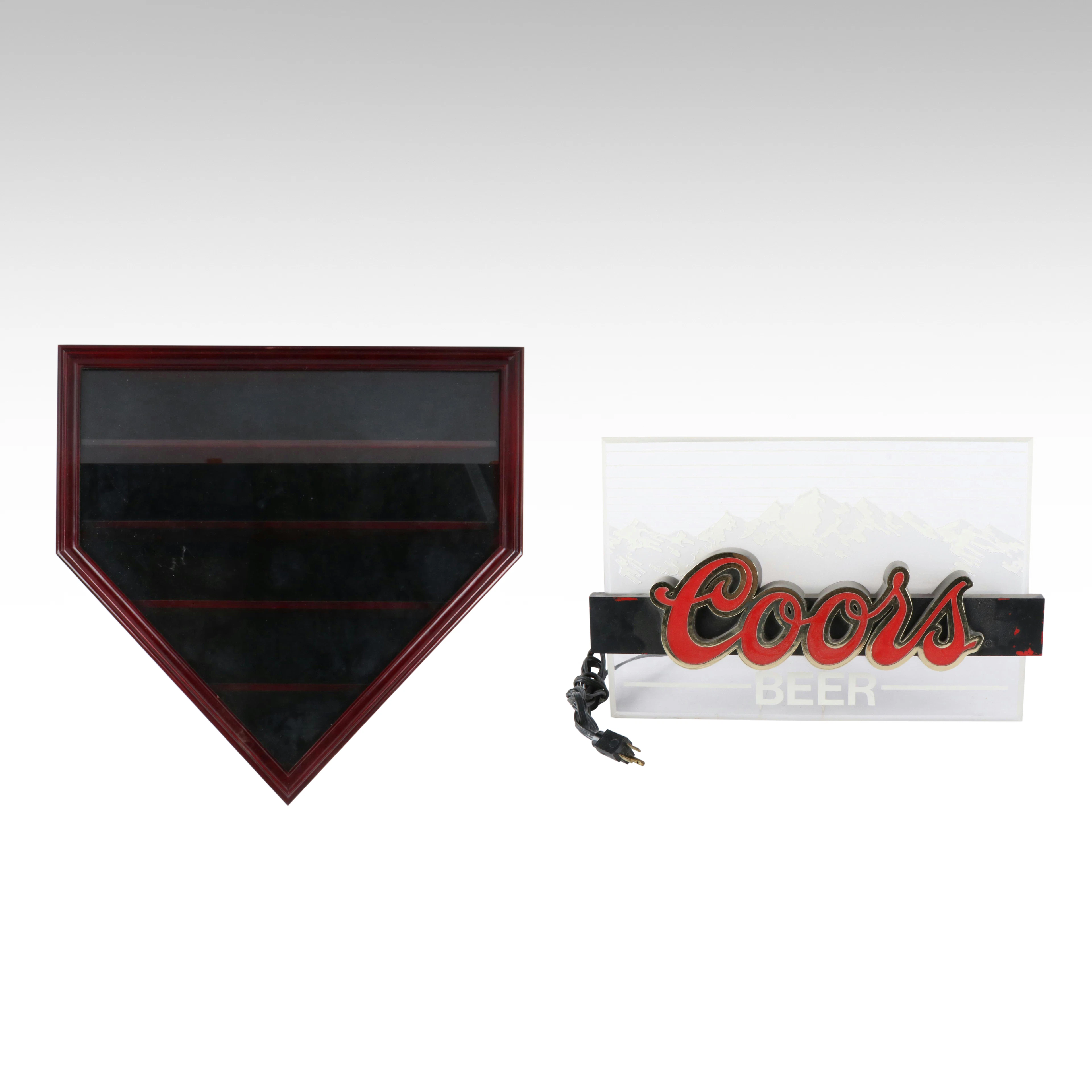Baseball Memorabilia Display Cabinet and Coors Beer Electric Sign