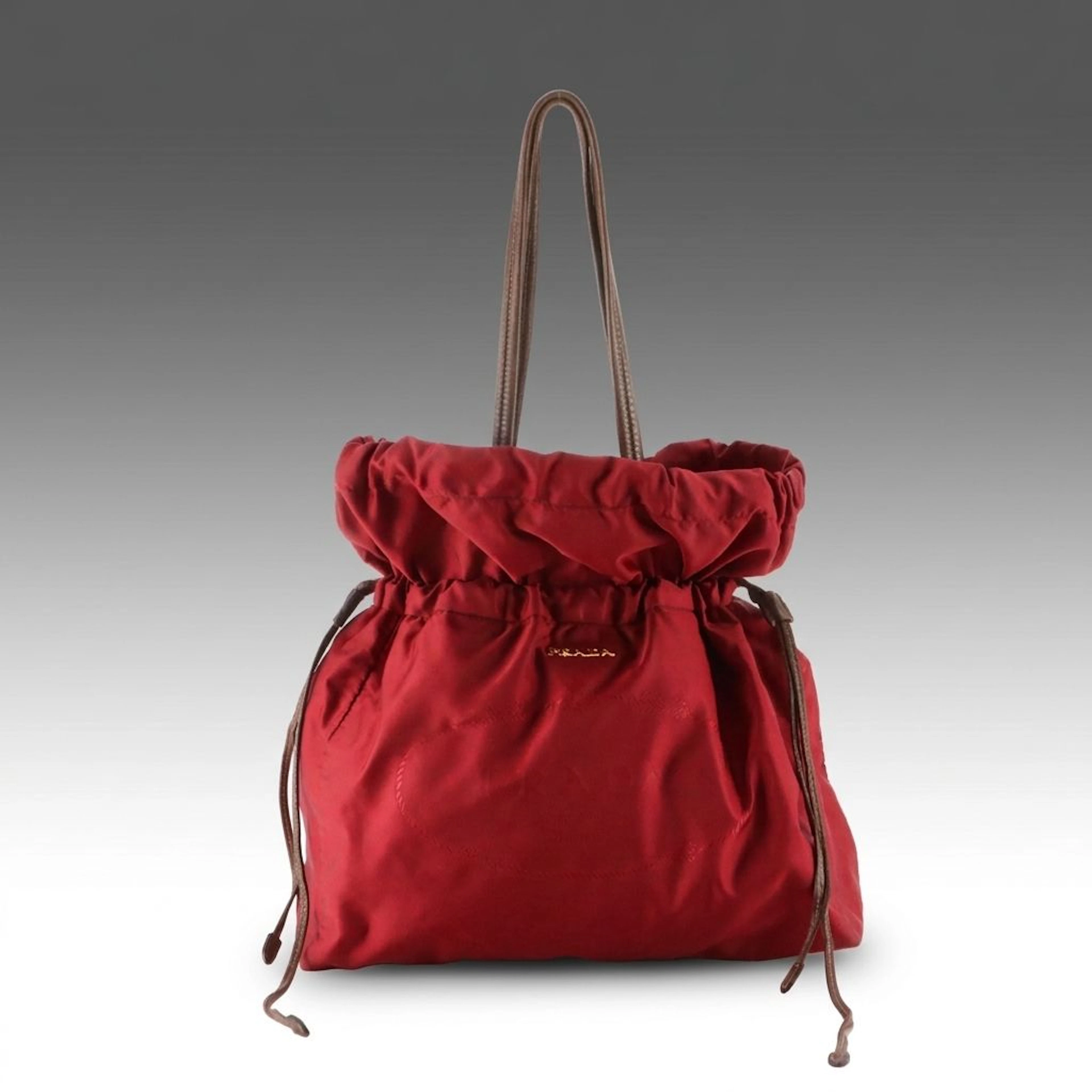 Prada Canapa Logo Tessuto Nylon and Brown Leather Drawstring Bag