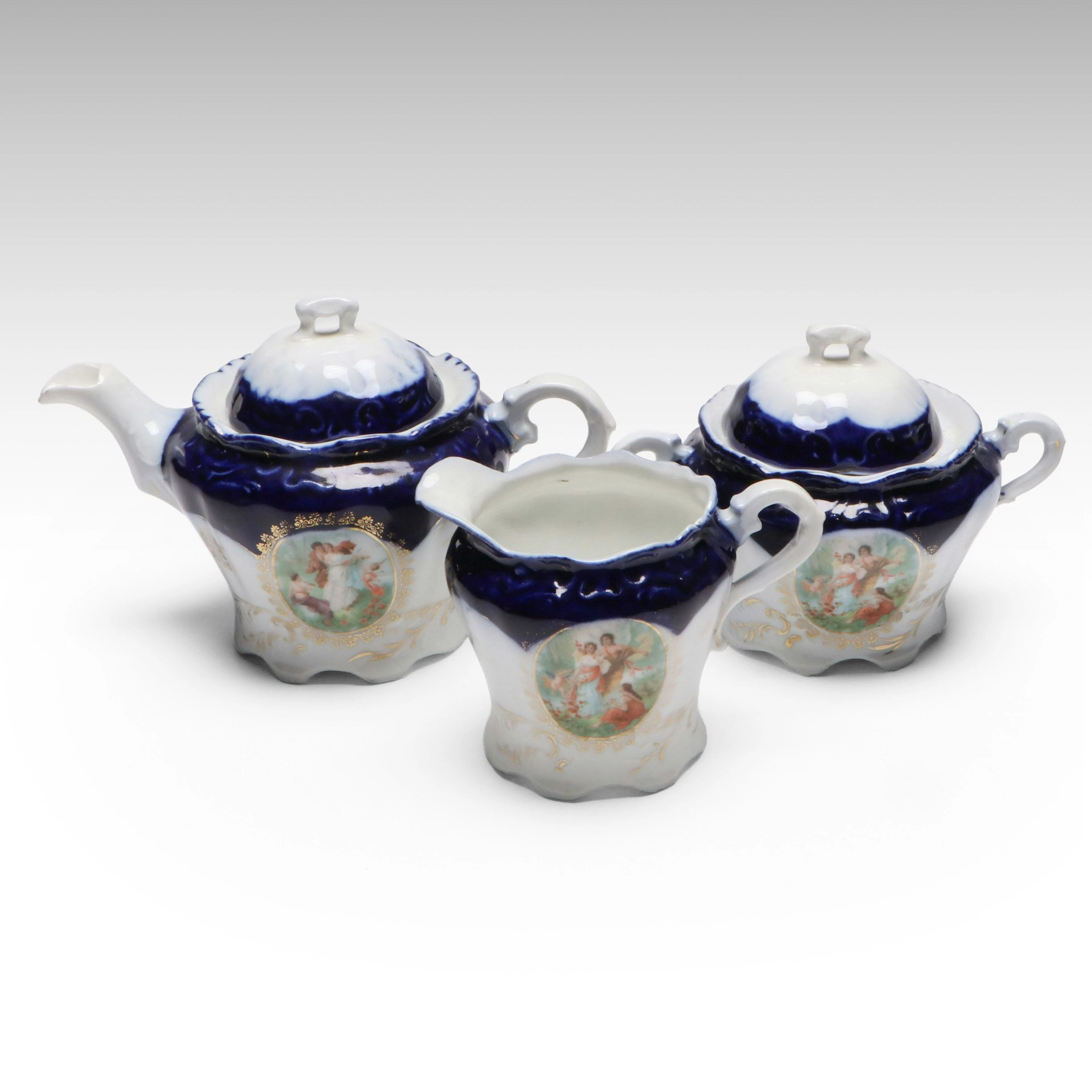 Austrian Style Porcelain Courting Scene Teapot, Sugar and Creamer
