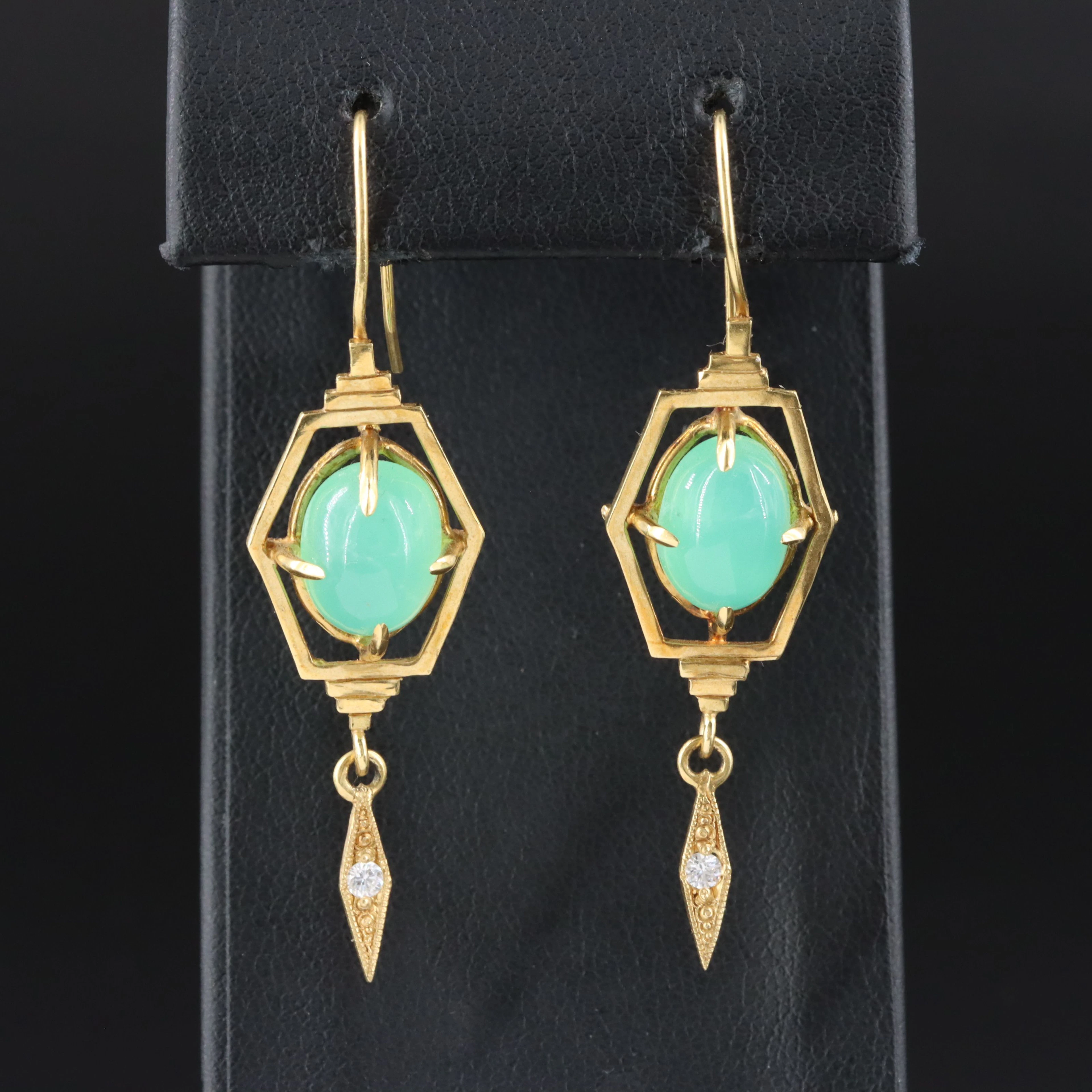 18K Chrysoprase and Diamond Drop Earrings Attributed to Patricia Marie