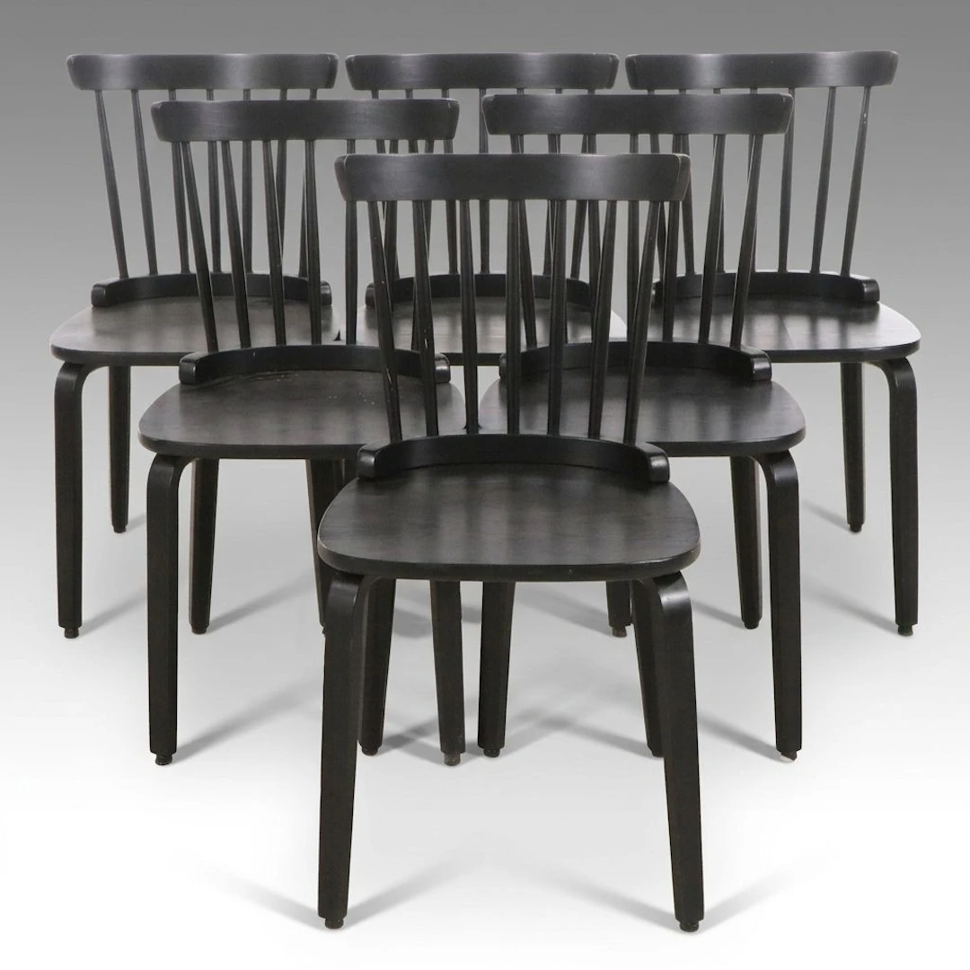 Set of Six Scandinavian Modern Style Black Painted Spindle Back Dining Chairs