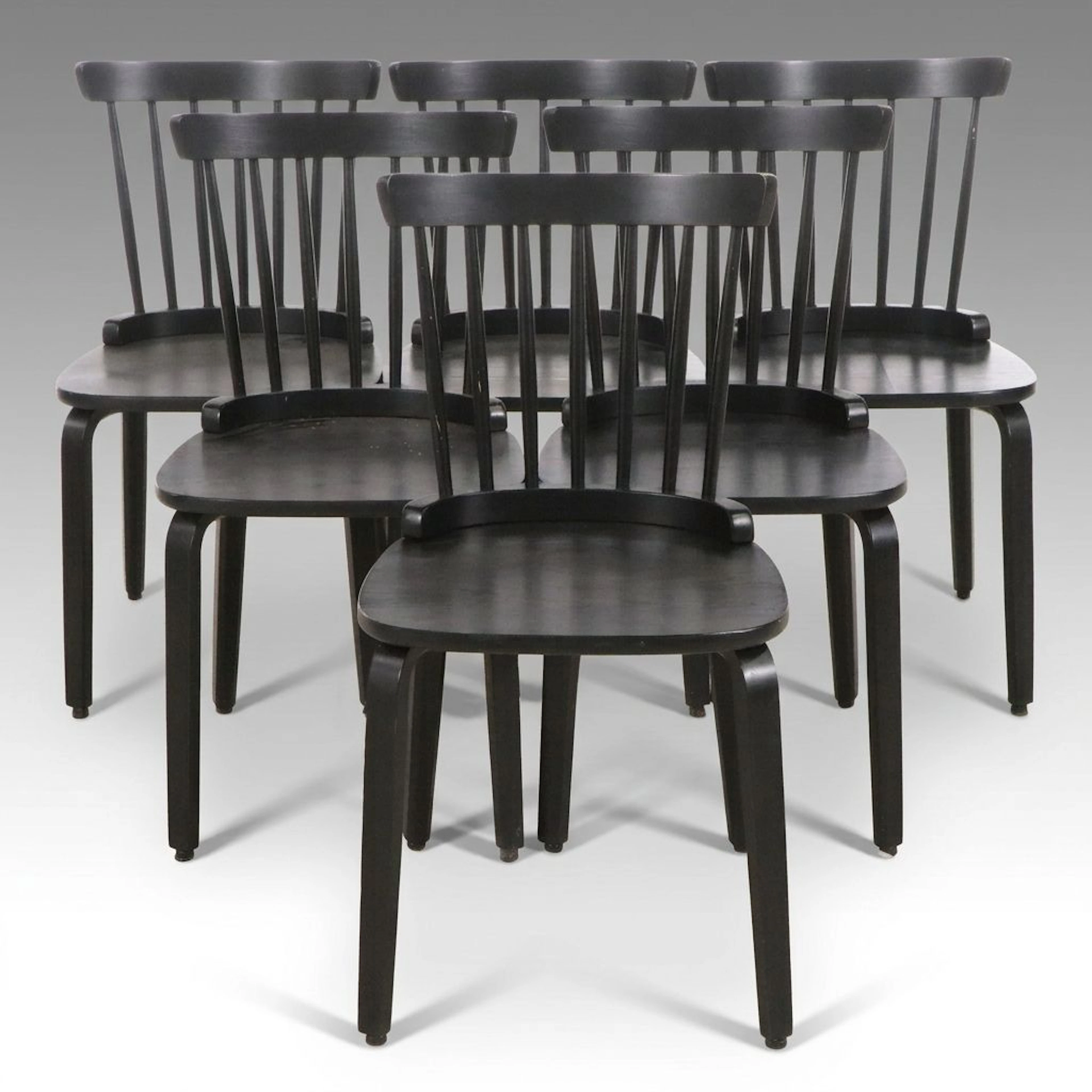 Set of Six Scandinavian Modern Style Black Painted Spindle Back Dining Chairs