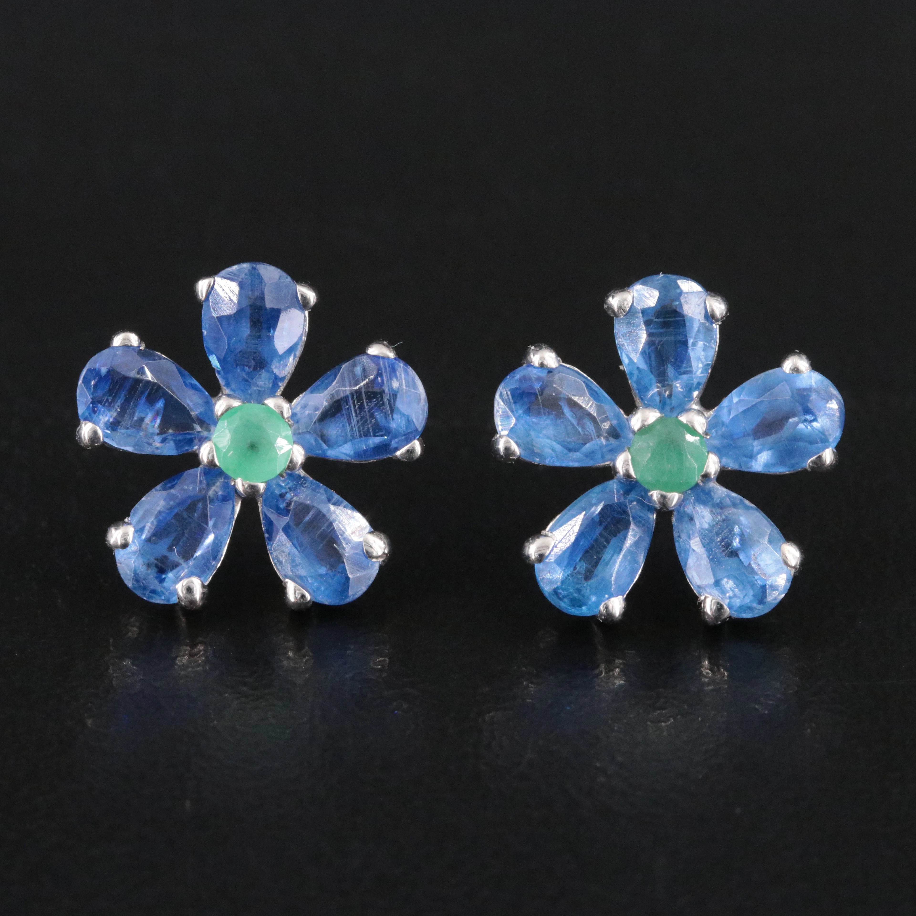 Sterling Kyanite and Emerald Flower Earrings