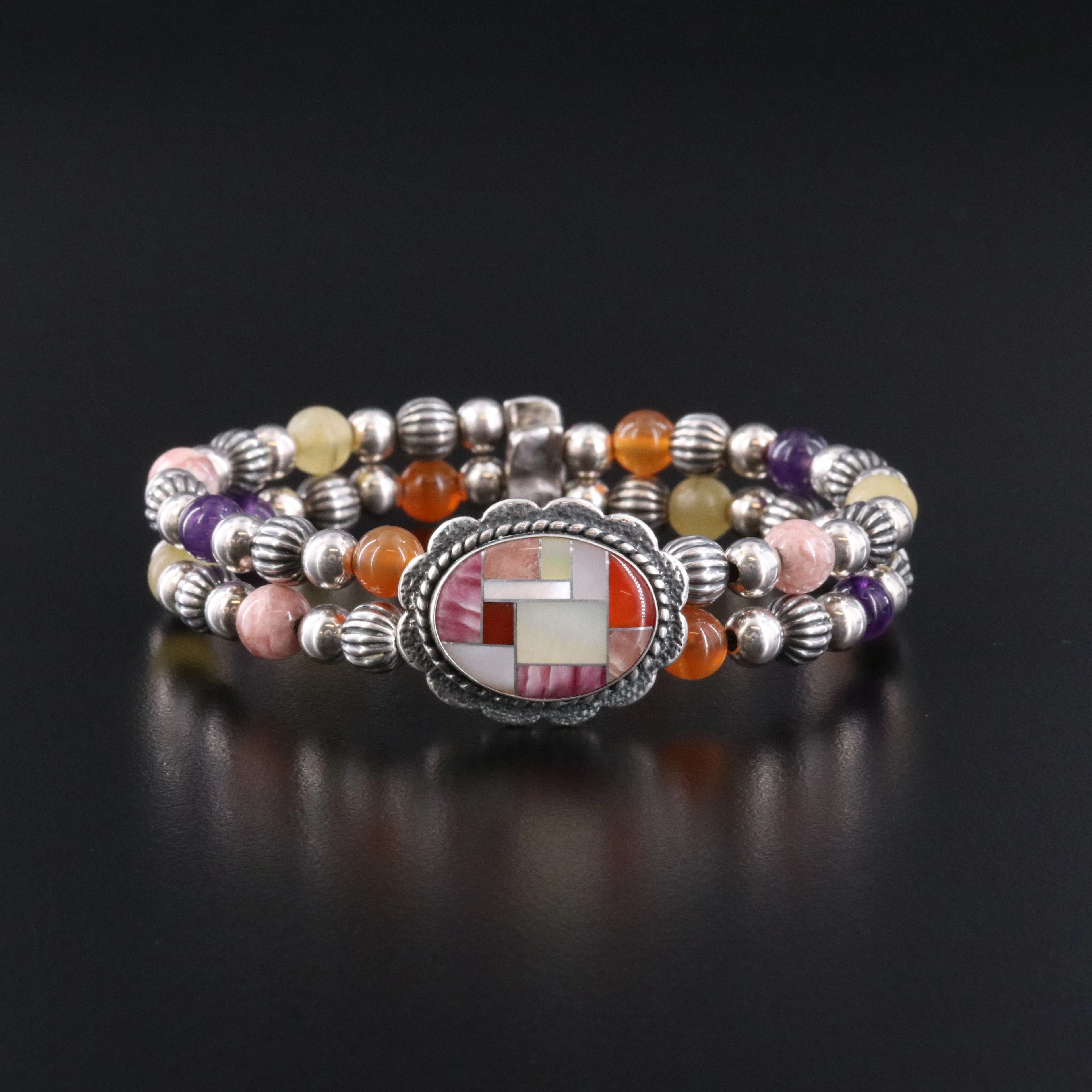 Relios Sterling Bypass Bracelet Ft. Mother-of-Pearl, Rhodochrosite