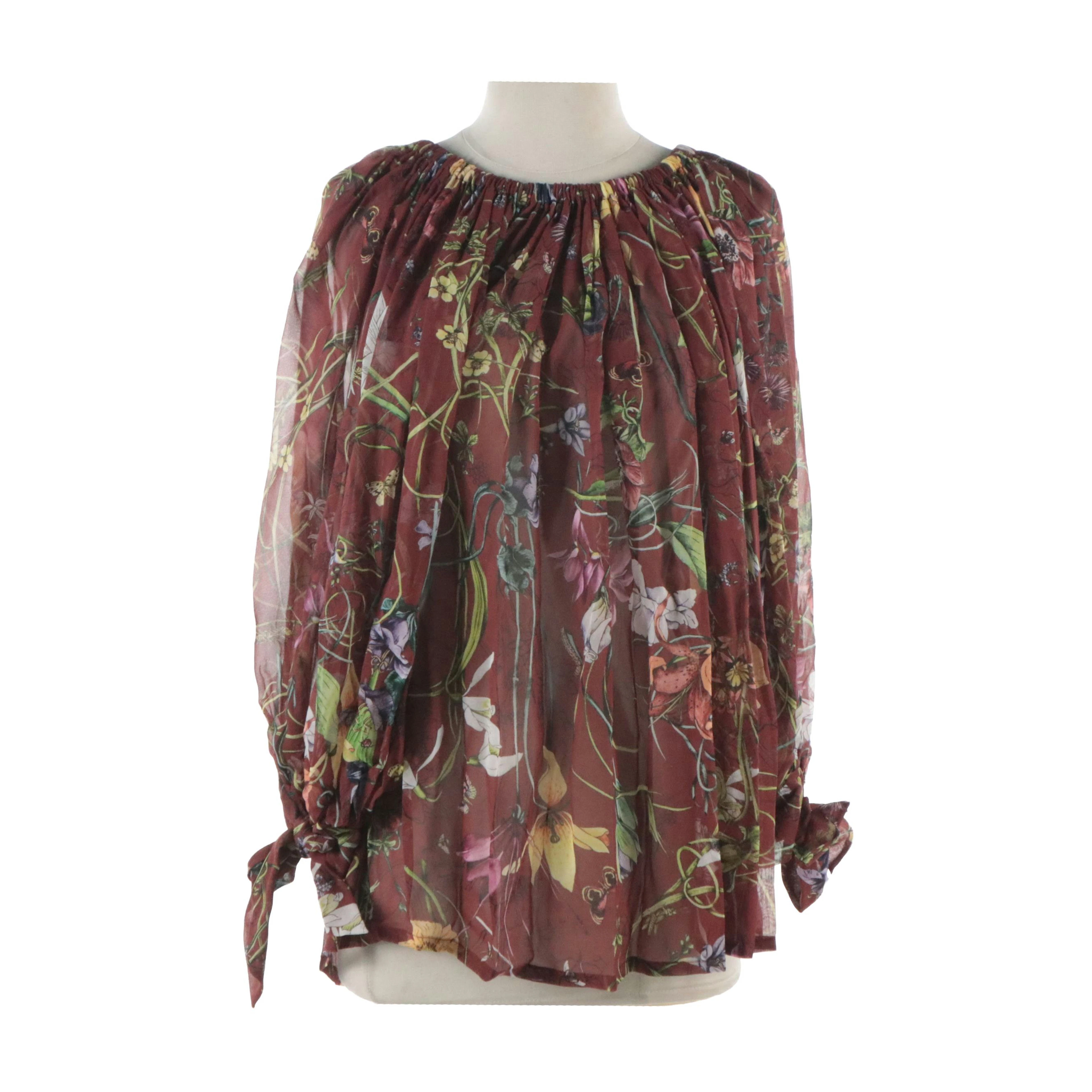 Gucci Multicolored Floral Silk Gathered Blouse with Tag