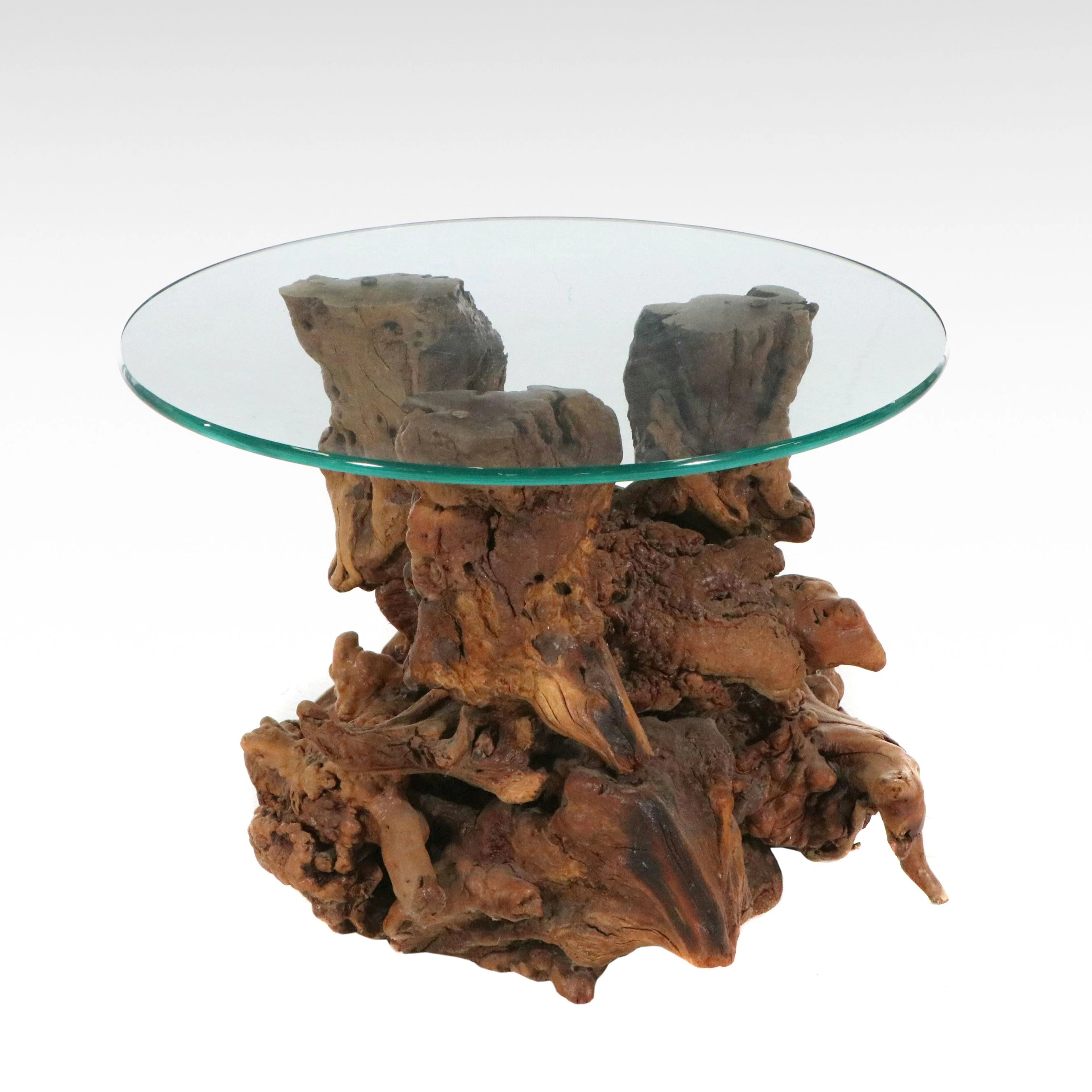 Driftwood Glass Top Side Table, Late 20th Century