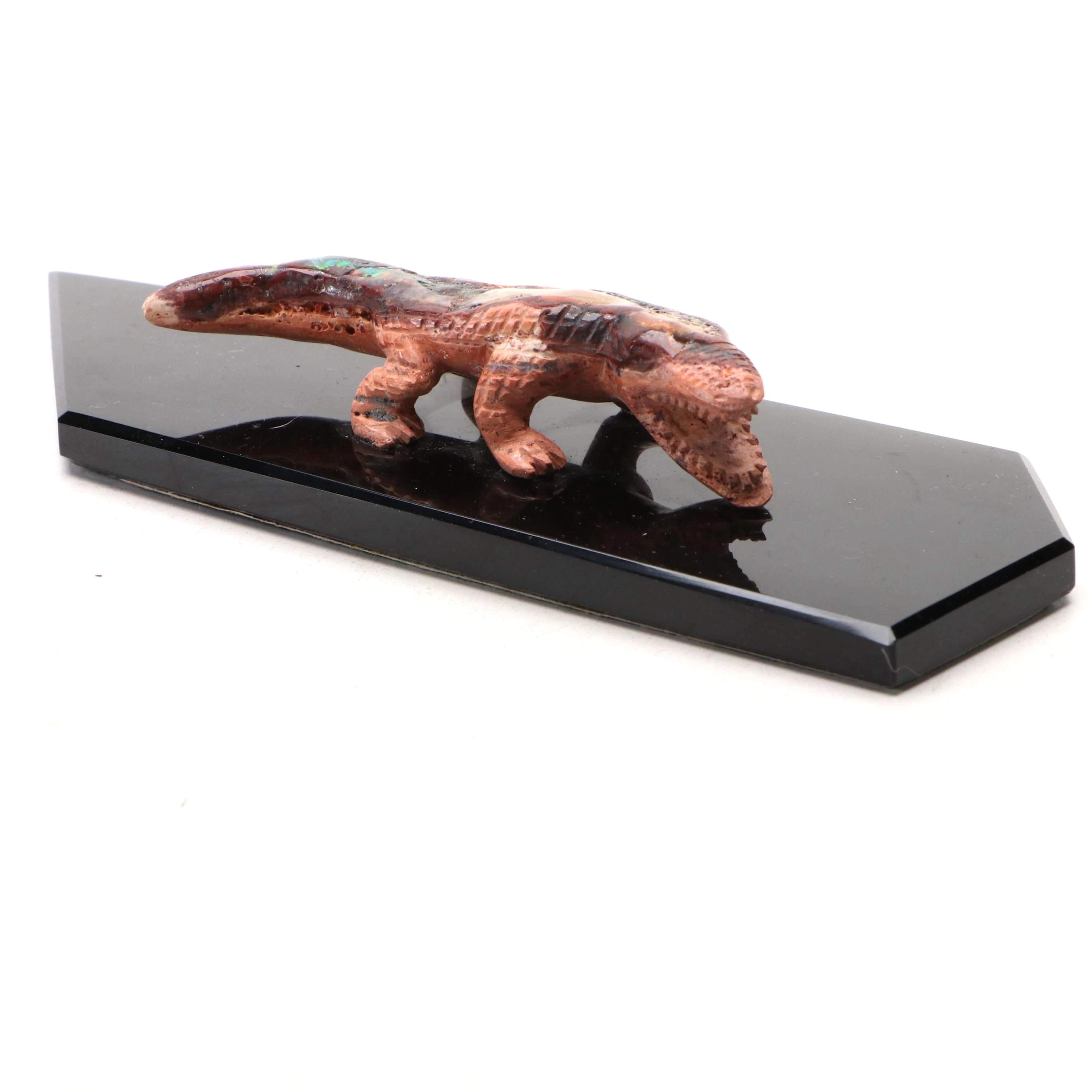 Carved Boulder Opal Crocodile on Resin Base