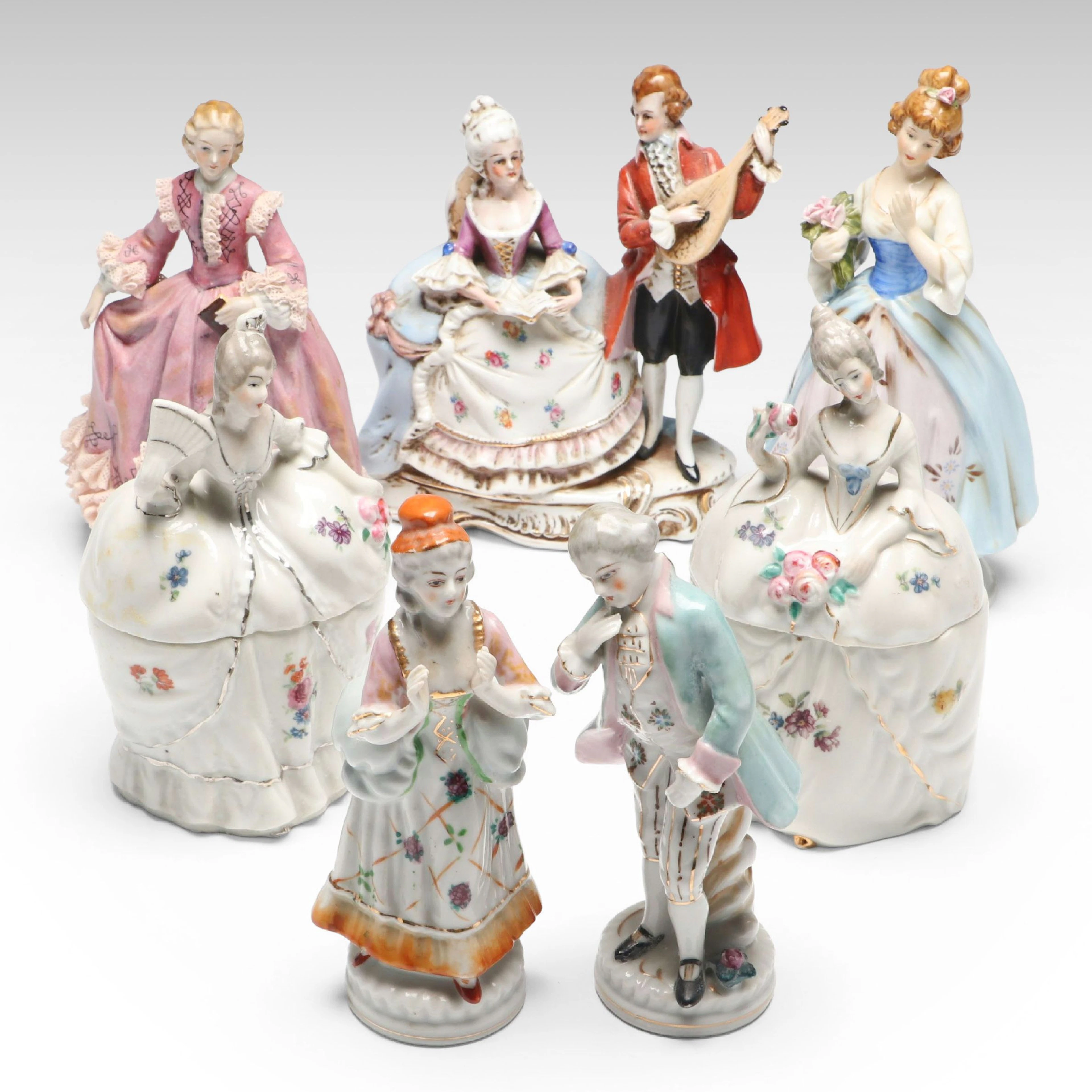 Dresden Style Porcelain Figurines and Figural Decorative Boxes, Vintage