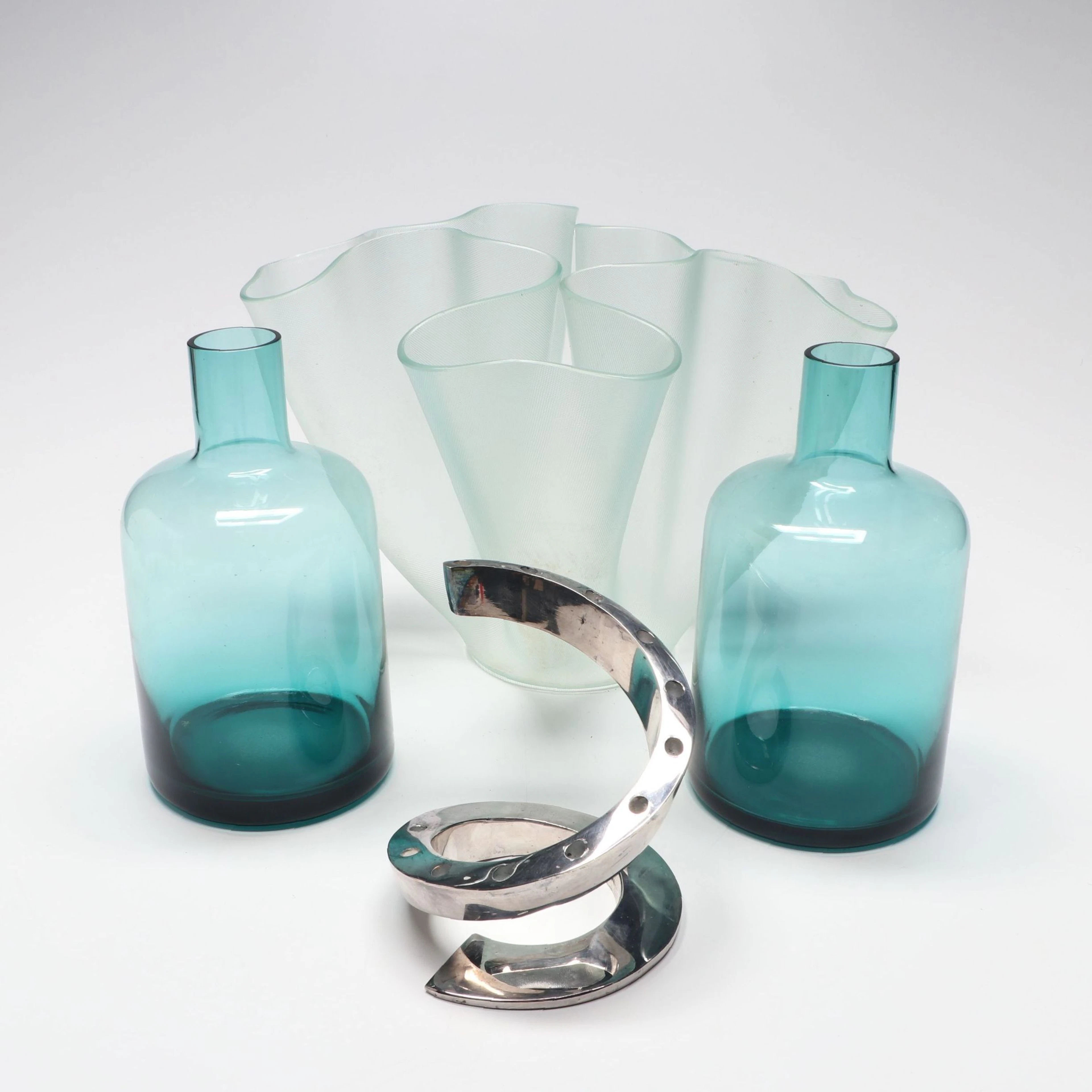 Dansk Spiral Silver Plate Candlestick with Contemporary Blue Glass Décor