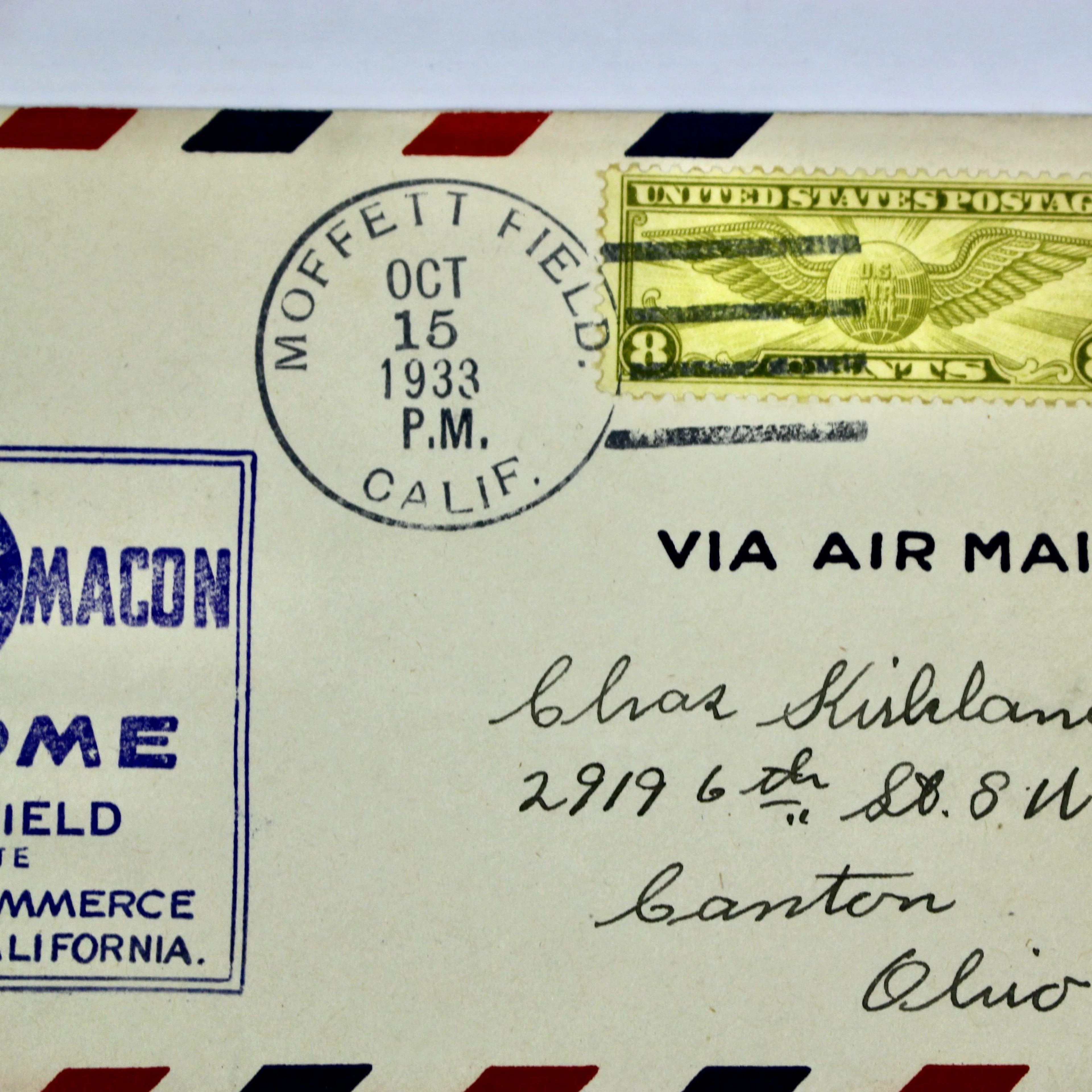 1933 Zeppelin Postal Cover, USS Macon, Moffett Field