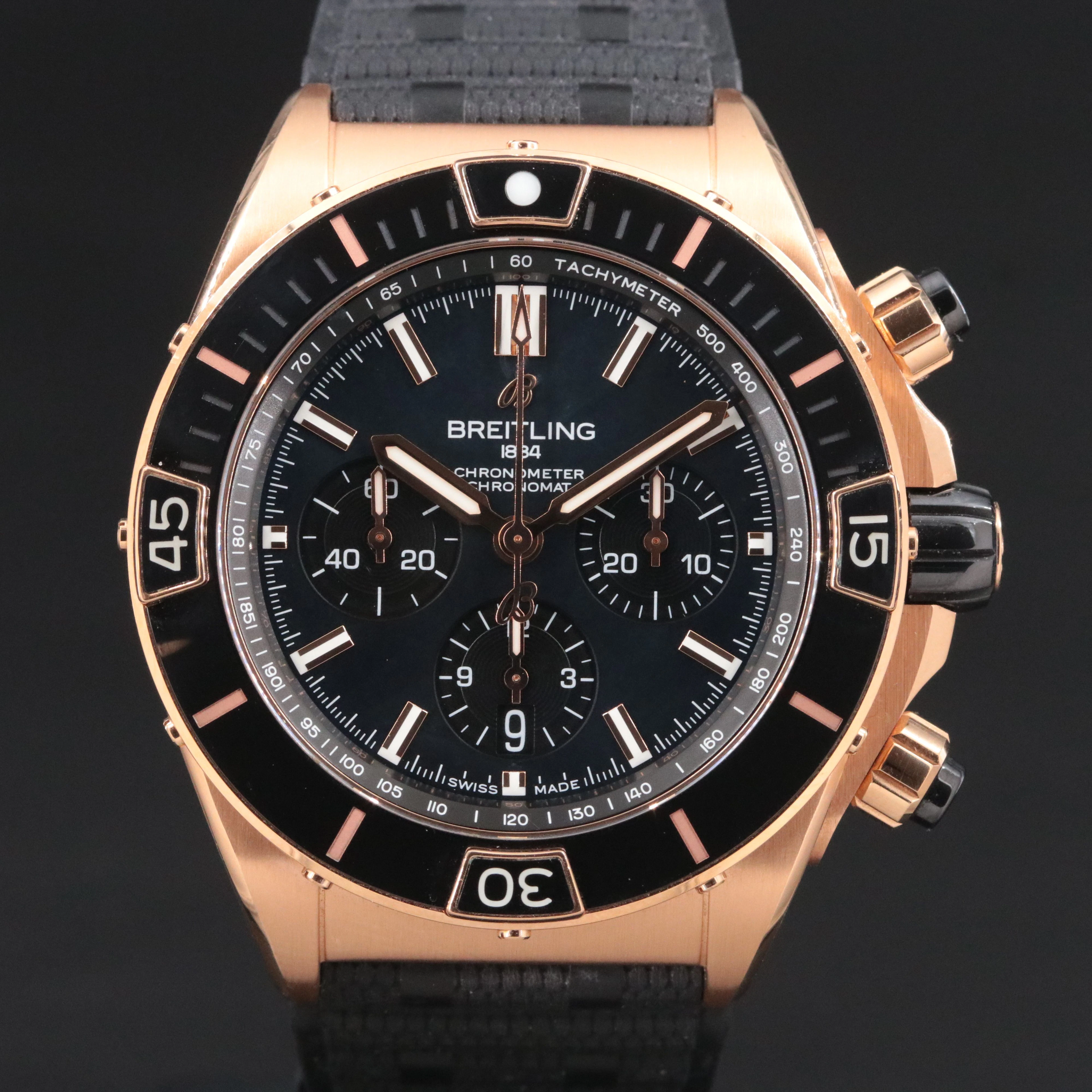 18K Rose Gold Breitling Super Chronomat 44mm Black M.O.P. Dial Ref.