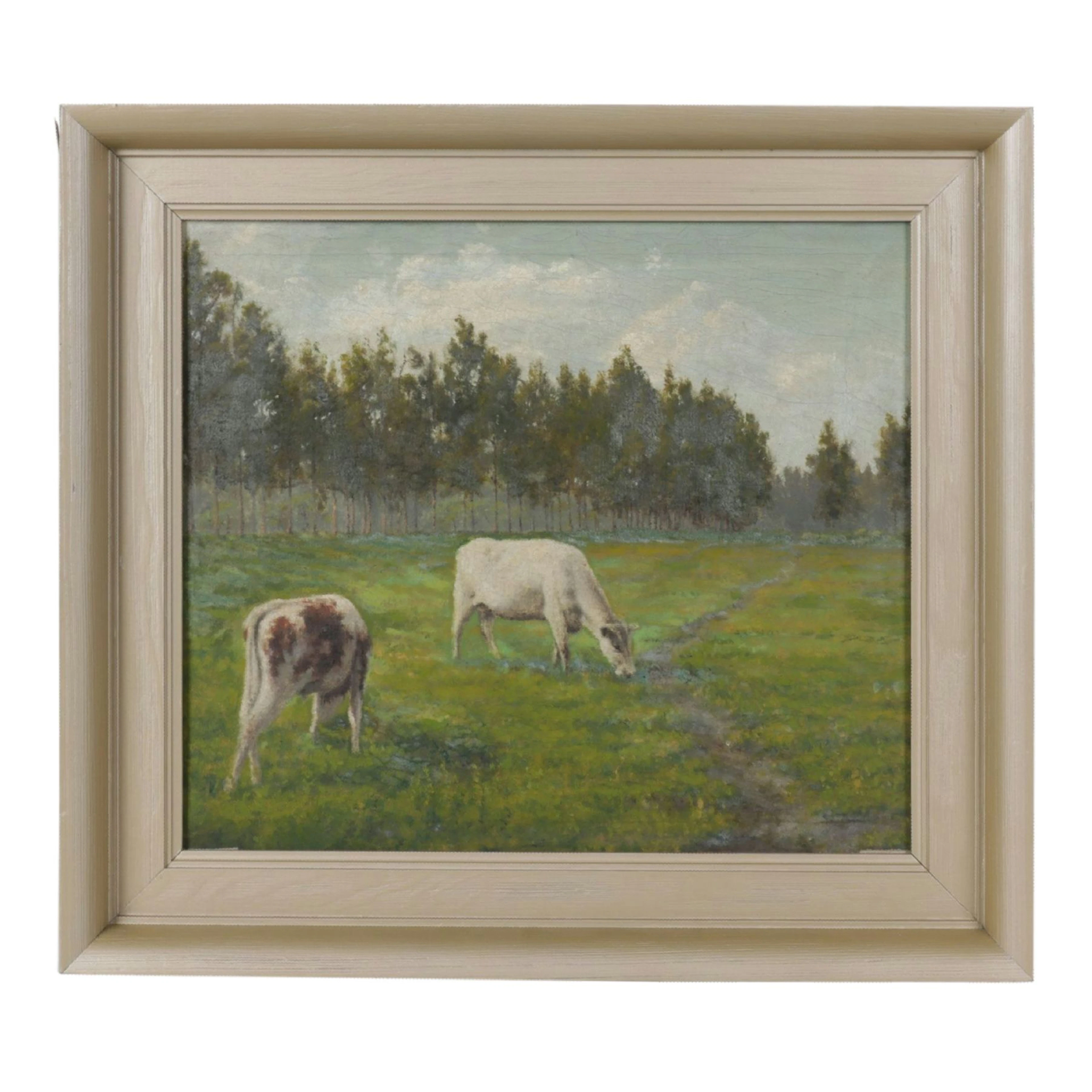 Pastoral Landscape Oil Painting of Cows Grazing in a Pasture, 20th C.