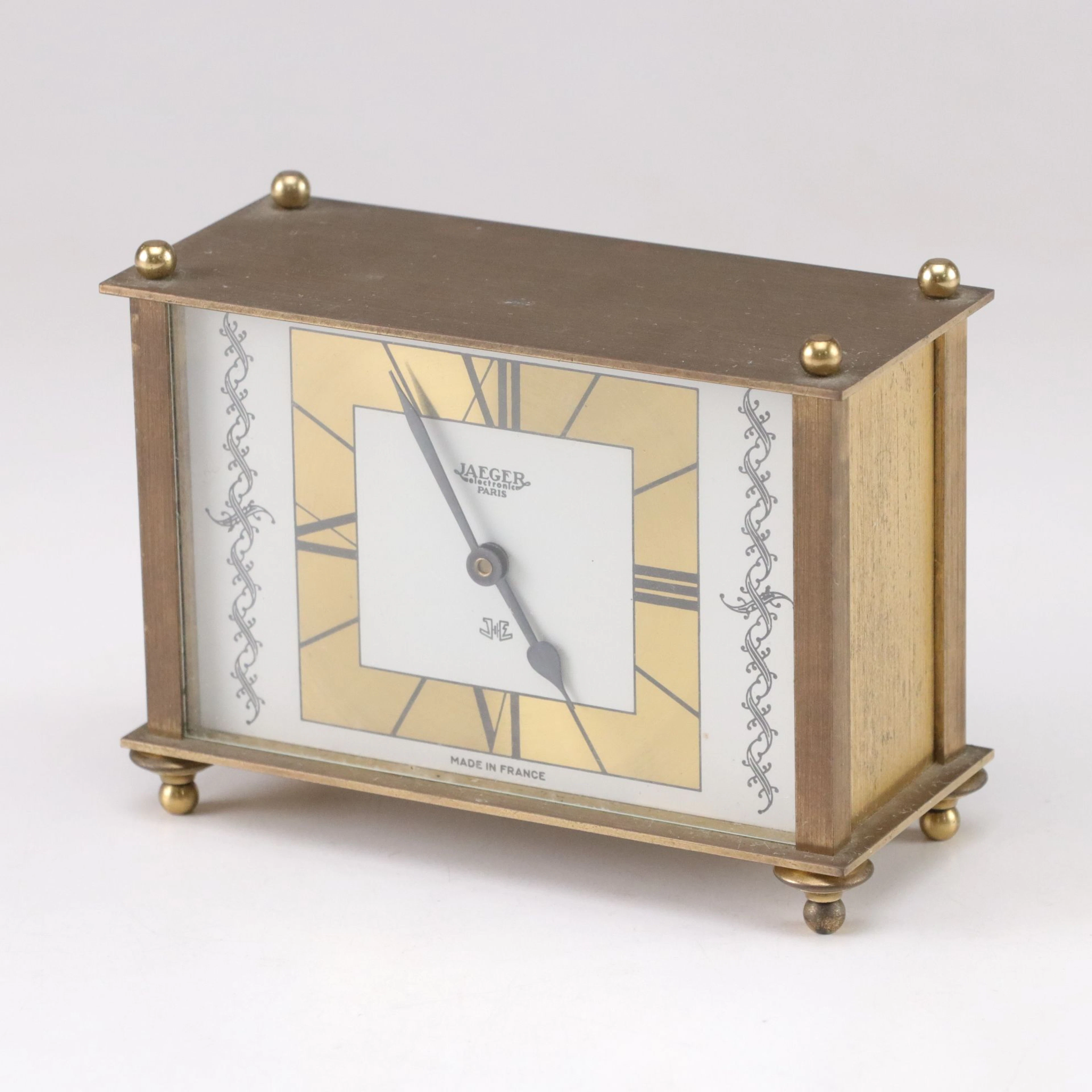Jeager Electronic Paris Brass, Metal, & Glass Desk Clock