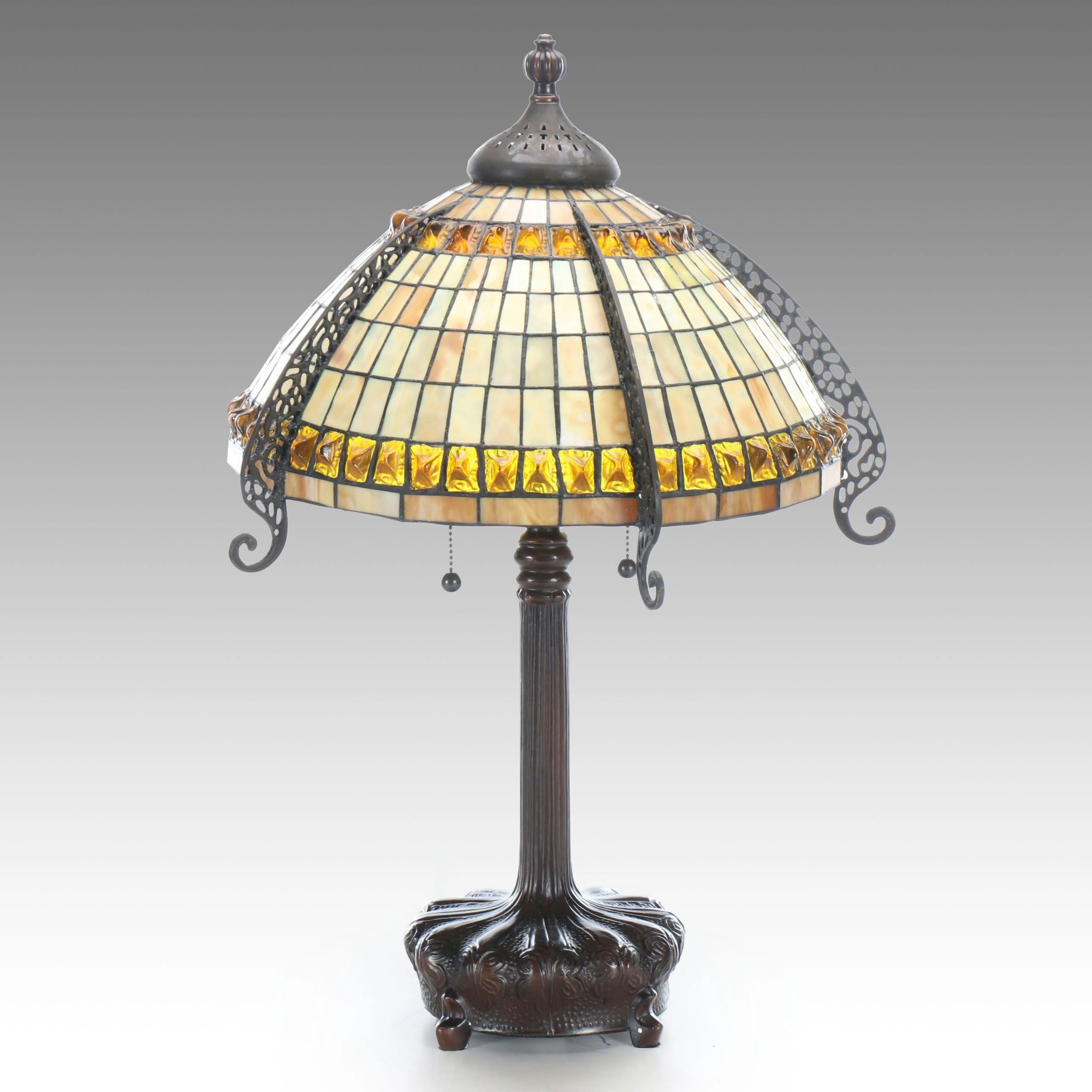 Victorian Style Bronzed Metal Table Lamp with Amber and Mosaic Slag Glass Shade