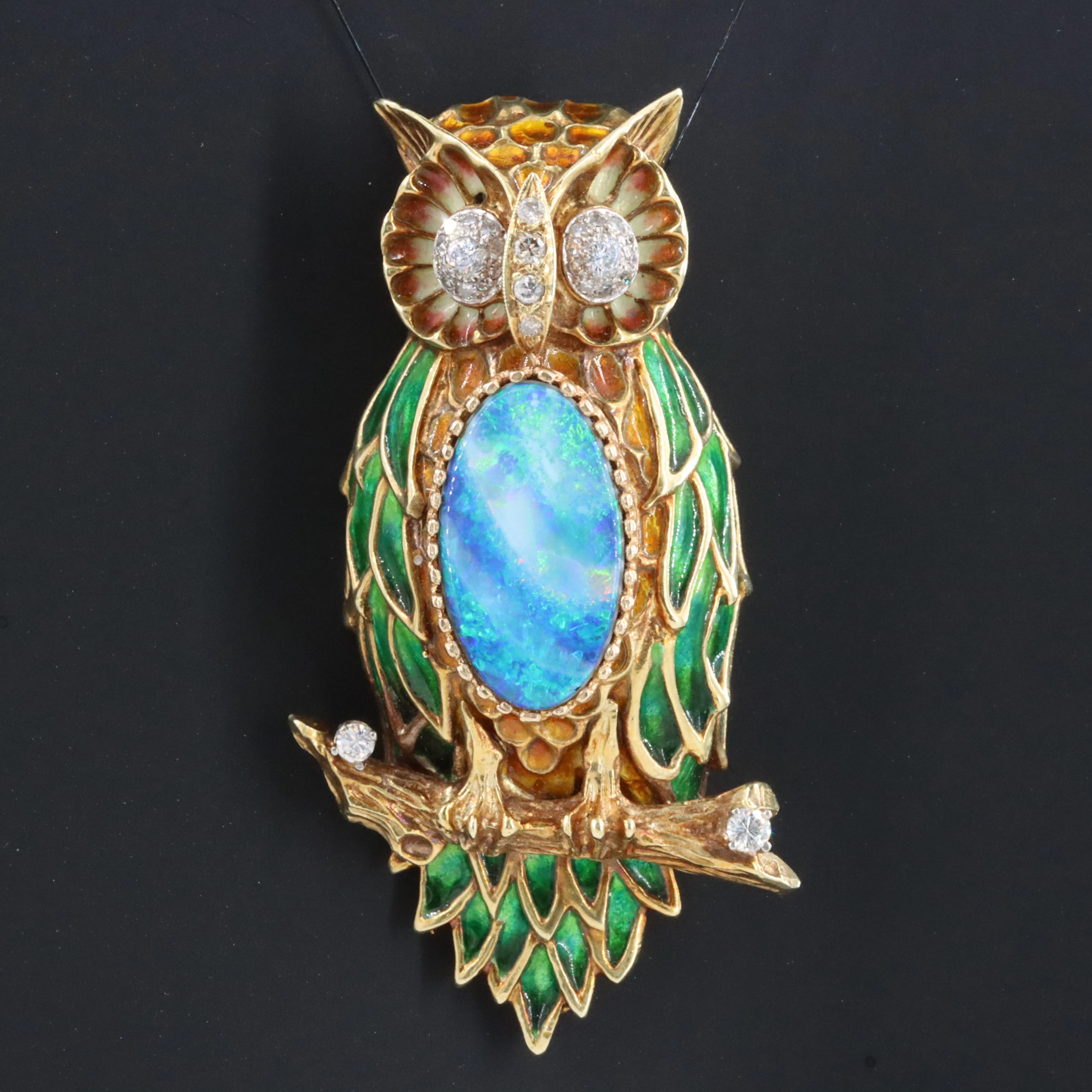 1950s 14K Opal Doublet, Diamond and Enamel Owl Double-Pin Brooch