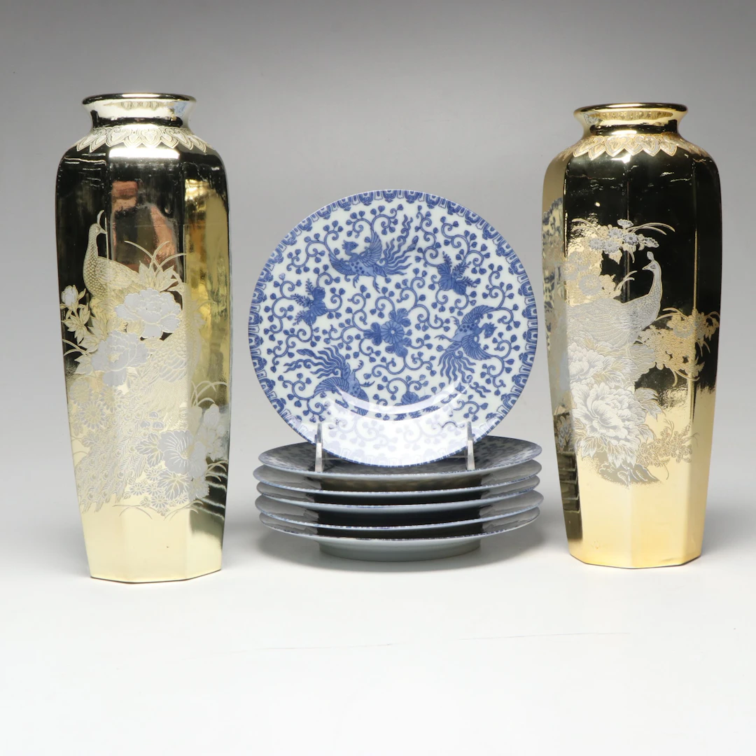 Japanese Blue and White Porcelain Flying Phoenix Pattern Plates and Other Vases