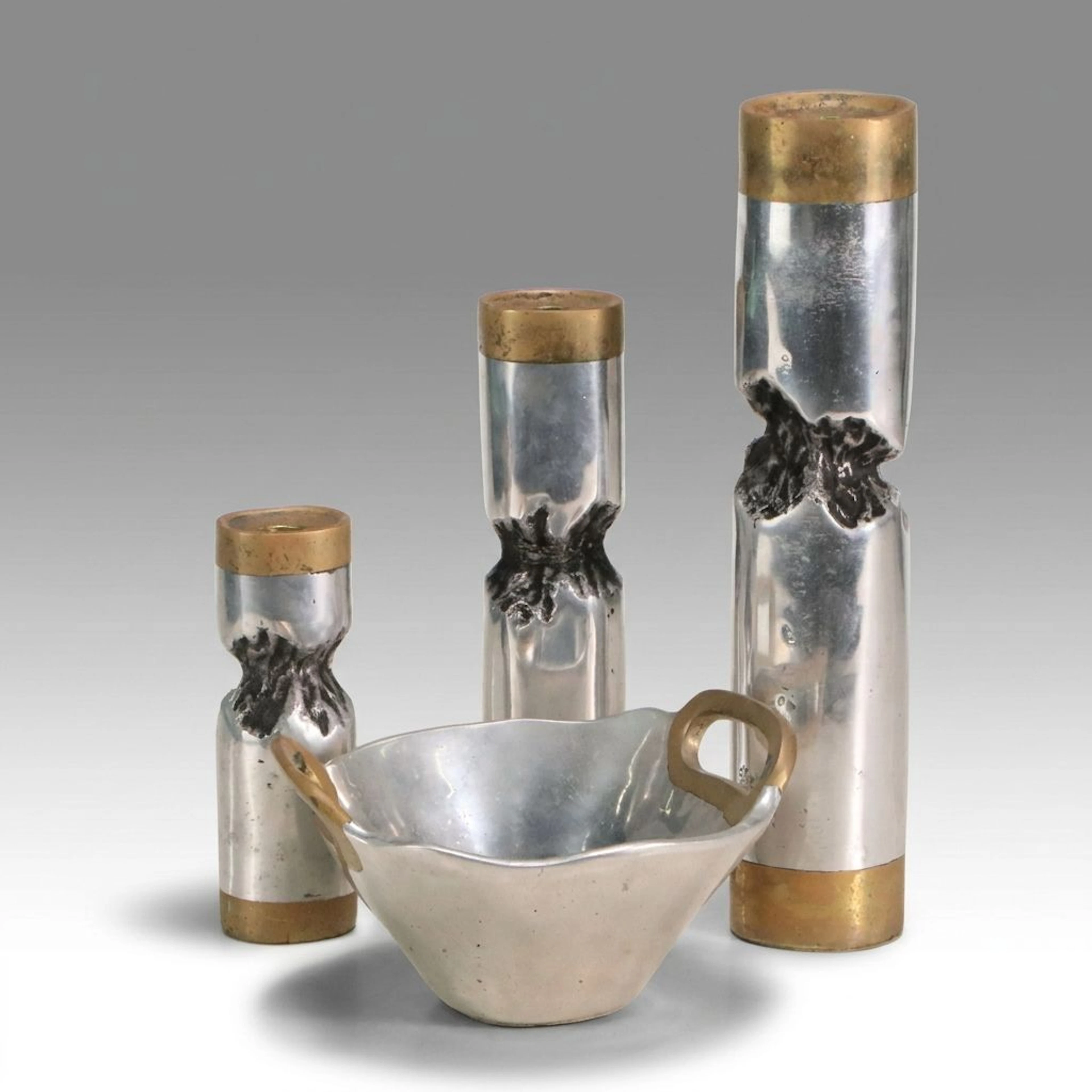 David Marshall Brutalist Style Aluminum and Brass Bowl and Candlesticks
