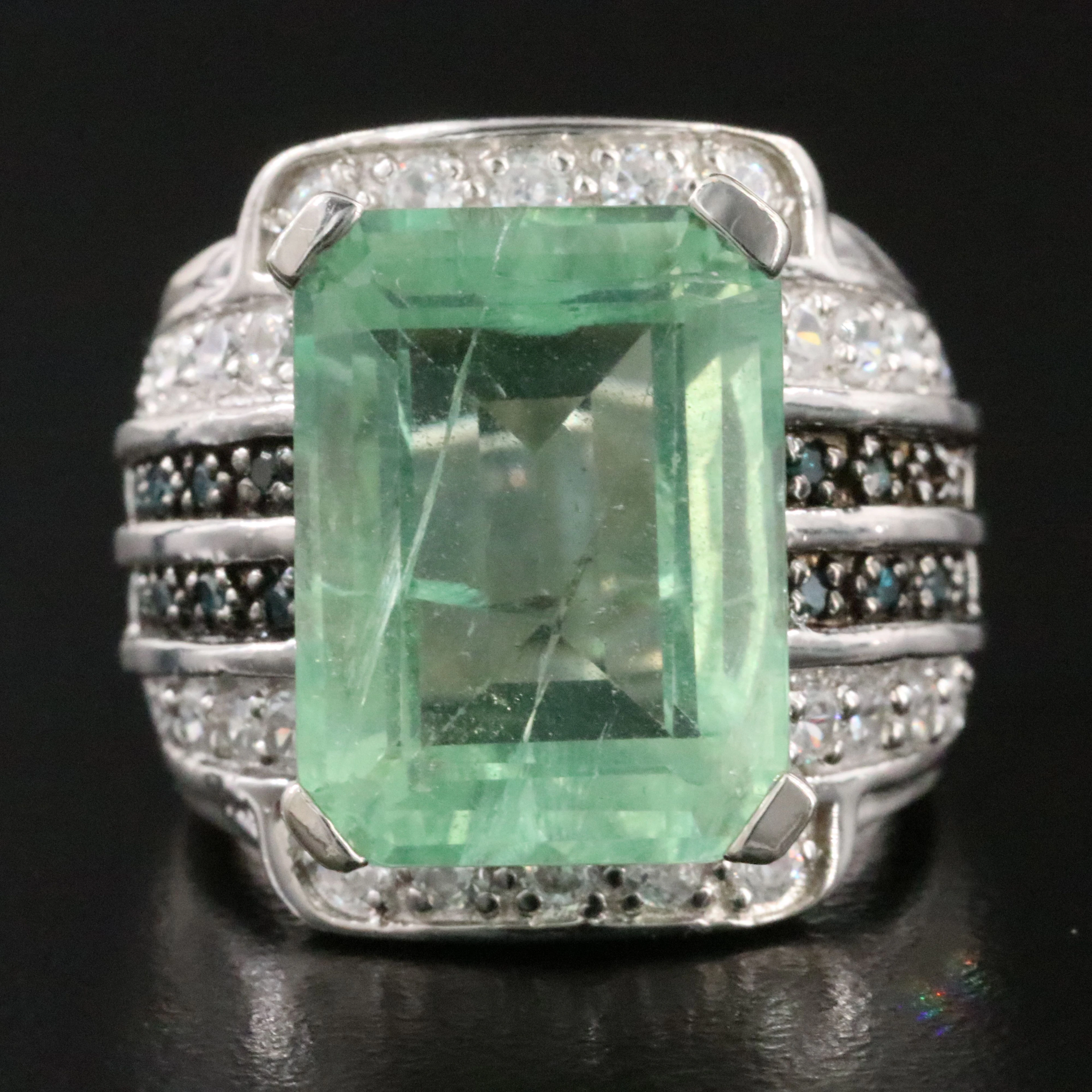 Sterling Fluorite, Fancy Blue Diamond and CZ Ring