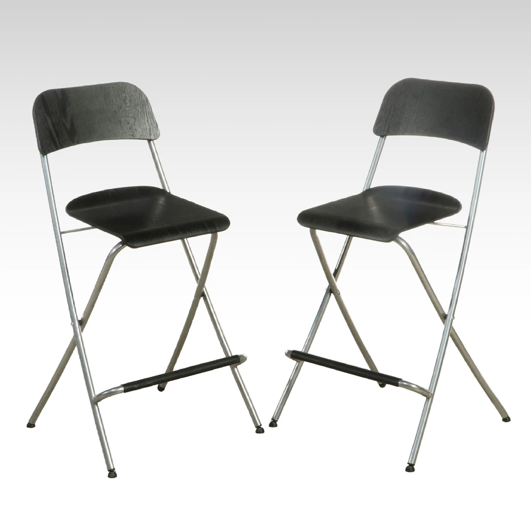Pair of IKEA "FRANKLIN" Ebonized Wood and Metal Folding Barstools