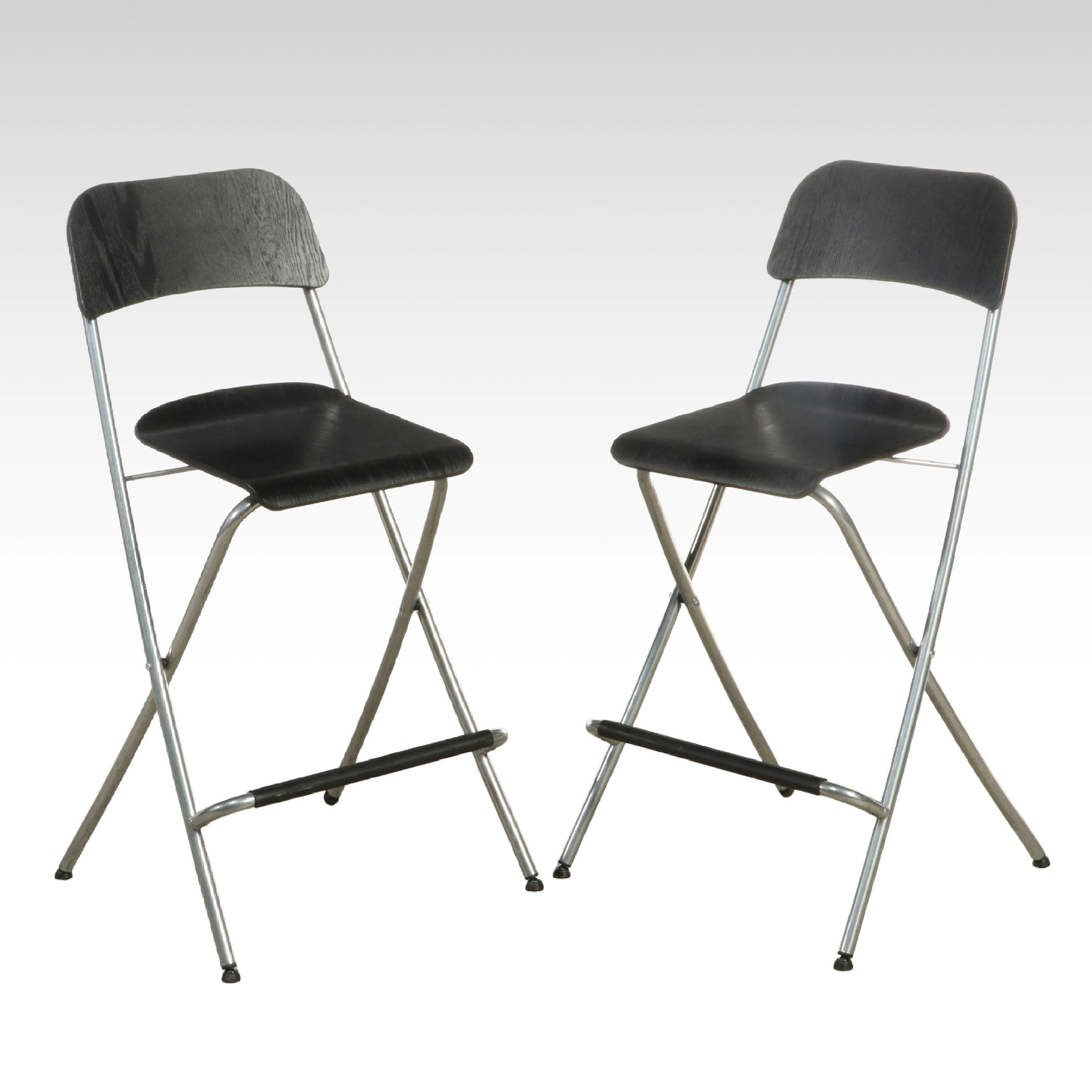 Pair of IKEA "FRANKLIN" Ebonized Wood and Metal Folding Barstools
